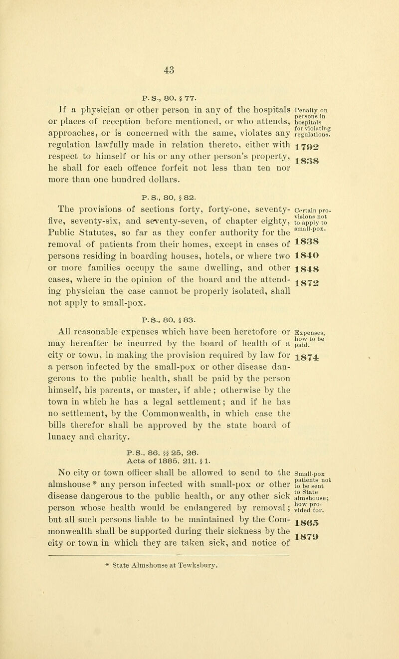 P. S., 80, § 77. If a physician or other person in any of the hospitals Penalty on or places of reception before mentioned, or who attends, hospitals approaches, or is concerned with the same, violates any regulation's, regulation lawfully made in relation thereto, either with 1792 respect to himself or his or any other person's property, ., „OG I0O0 he shall for each offence forfeit not less than ten nor more than one hundred dollars. p. S., 80, §82. The provisions of sections forty, forty-one, seventy- Certain pro- j2 , n „ , , . , , visions not five, seventy-six, and seventy-seven, of chapter eighty, to apply to Public Statutes, so far as they confer authority for the 8ma pox' removal of patients from their homes, except in cases of 1838 persons residing in boarding houses, hotels, or where two 1840 or more families occupy the same dwelling, and other 1848 cases, where in the opinion of the board and the attend- ^070 ing physician the case cannot be properly isolated, shall not apply to small-pox. P.S., 80, §83. All reasonable expenses which have been heretofore or Expenses, may hereafter be incurred by the board of health of a paid. city or town, in making the provision required by law for 1574. a person infected by the small-pox or other disease dan- gerous to the public health, shall be paid by the person himself, his parents, or master, if able ; otherwise by the town in which he has a legal settlement; and if he has no settlement, by the Commonwealth, in which case the bills therefor shall be approved by the state board of lunacy and charity. P.S., 86, §§25, 26. Acts of 1885, 211, § 1. No city or town officer shall be allowed to send to the smaii-pox almshouse* any person infected with small-pox or other to'be'sen?0 disease dangerous to the public health, or any other sick almshouse; person whose health would be endangered by removal; Vi°dldPfor. but all such persons liable to be maintained by the Com- -. c«k monwealth shall be supported during their sickness by the city or town in which they are taken sick, and notice of