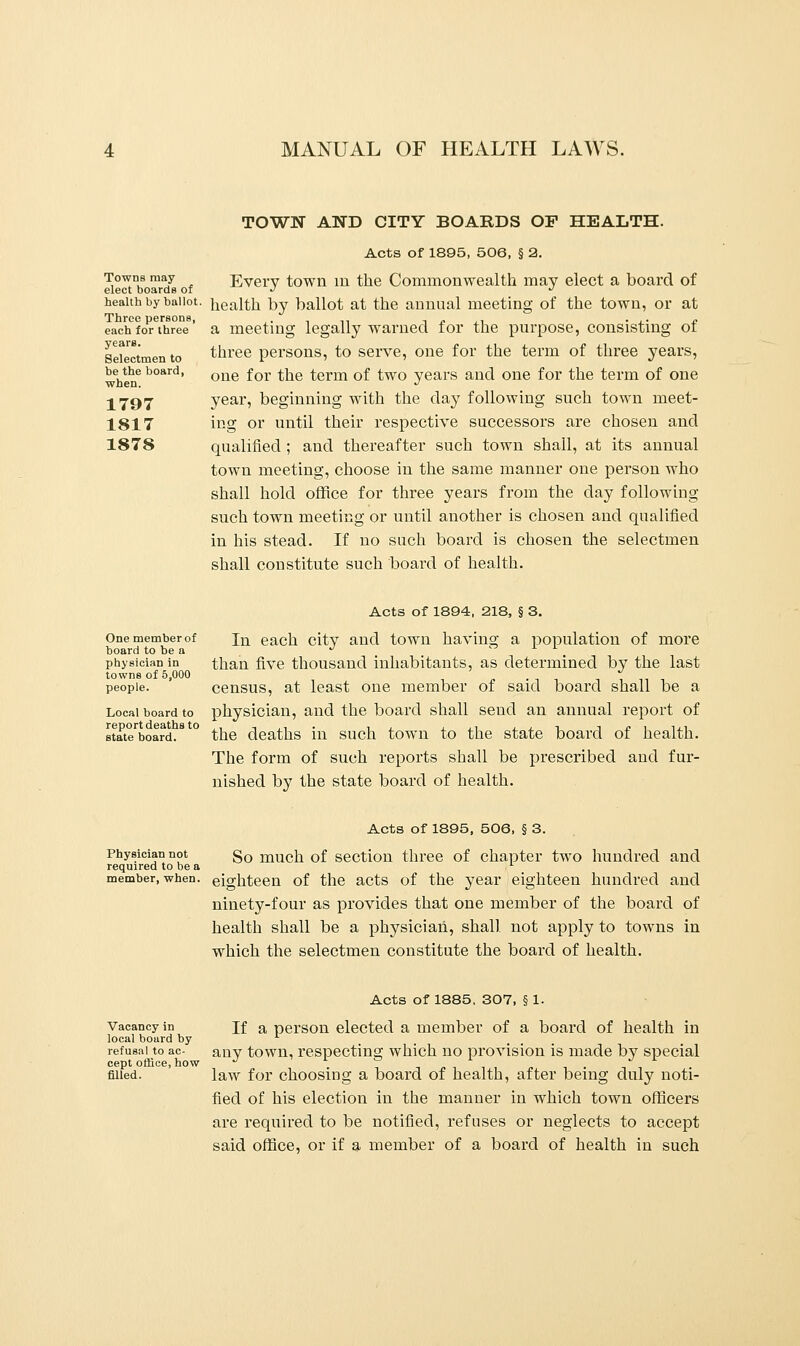 Towns may elect boards of health by ballot. Three persons, each for three years. Selectmen to be the board, when. 1797 1817 1878 TOWN AND CITY BOARDS OF HEALTH. Acts of 1895, 506, § 2. Every town in the Commonwealth may elect a board of health by ballot at the annual meeting of the town, or at a meeting legally warned for the purpose, consisting of three persons, to serve, one for the term of three years, one for the term of two years and one for the term of one year, beginning with the day following such town meet- ing or until their respective successors are chosen and qualified ; and thereafter such town shall, at its annual town meeting, choose in the same manner one person who shall hold office for three years from the day following such town meeting or until another is chosen and qualified in his stead. If no such board is chosen the selectmen shall constitute such board of health. One member of board to be a physician in towns of 5,000 people. Acts of 1894, 218, § 3. In each city and town having a population of more than five thousand inhabitants, as determined by the last census, at least one member of said board shall be a Local board to physician, and the board shall send an annual report of stateboard.8 ° the deaths in such town to the state board of health. The form of such reports shall be prescribed and fur- nished by the state board of health. Physician not required to be a member, when. Acts of 1895, 506, § 3. So much of section three of chapter two hundred and eighteen of the acts of the year eighteen hundred and ninety-four as provides that one member of the board of health shall be a physician, shall not apply to towns in which the selectmen constitute the board of health. Vacancy in local board by refusal to ac- cept office, how filled. Acts of 1885, 307, § 1. If a person elected a member of a board of health in any town, respecting which no provision is made by special law for choosing a board of health, after being duly noti- fied of his election in the manner in which town officers are required to be notified, refuses or neglects to accept said office, or if a member of a board of health in such