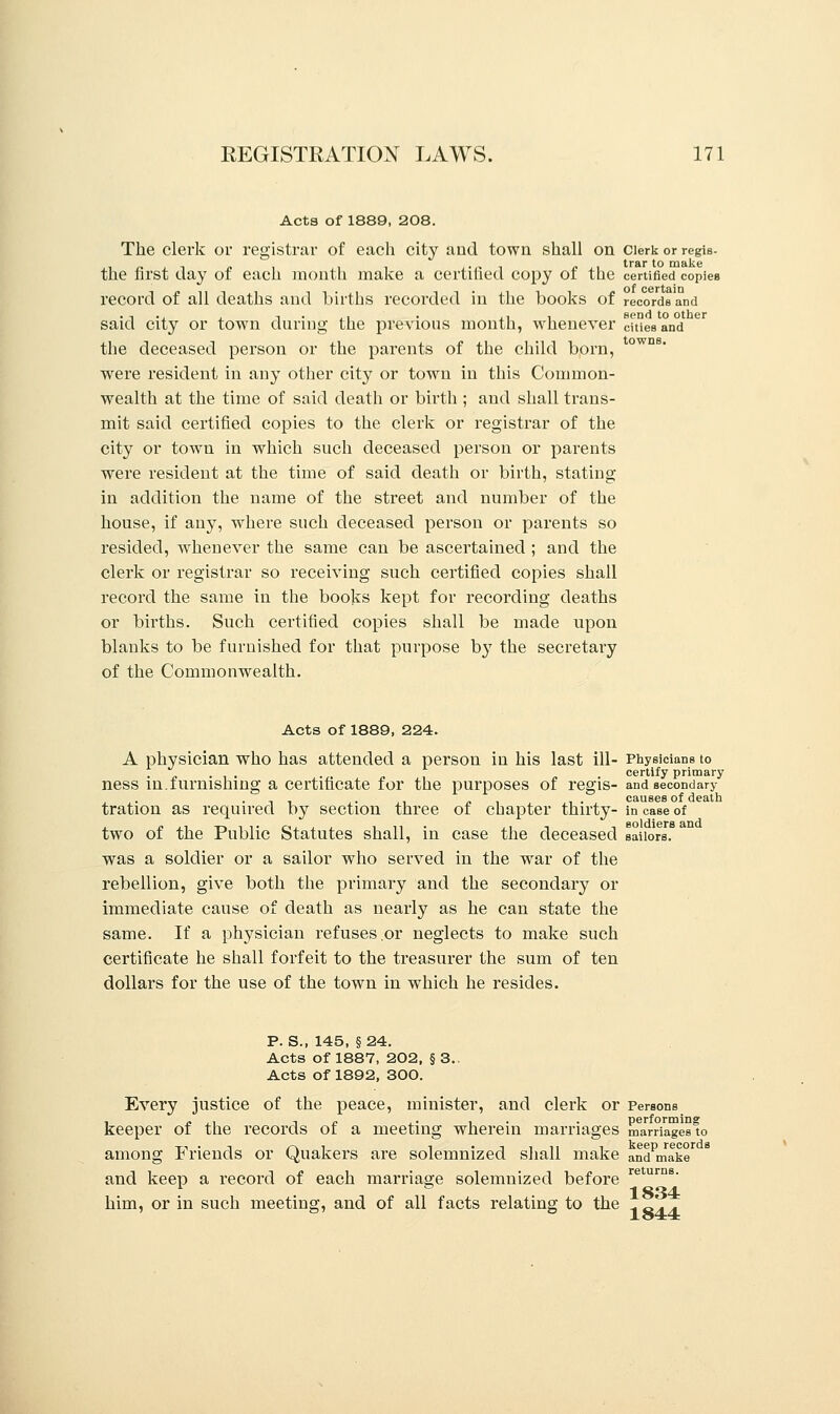 Acta of 1889, 208. The clerk or registrar of each city and town shall on Clerk or regis- the first day of each month make a certified copy of the certified copies record of all deaths and births recorded in the books of records and . n ., , t . ,, . ,, , send to other said city or town during the previous month, whenever cities and the deceased person or the parents of the child born, owns* were resident in any other city or town in this Common- wealth at the time of said death or birth ; and shall trans- mit said certified copies to the clerk or registrar of the city or town in which such deceased person or parents were resident at the time of said death or birth, stating in addition the name of the street and number of the house, if any, where such deceased person or parents so resided, whenever the same can be ascertained ; and the clerk or registrar so receiving such certified copies shall record the same in the books kept for recording deaths or births. Such certified copies shall be made upon blanks to be furnished for that purpose b}T the secretary of the Commonwealth. Acts of 1889, 224. A physician who has attended a person in his last ill- Physicians to ... certify primary ness in.furnishing a certificate for the purposes of regis- and secondary .-,. ,, ■ /., ,. causes of death tration as required by section three of chapter thirty- in case of two of the Public Statutes shall, in case the deceased sailors, was a soldier or a sailor who served in the war of the rebellion, give both the primary and the secondary or immediate cause of death as nearly as he can state the same. If a physician refuses .or neglects to make such certificate he shall forfeit to the treasurer the sum of ten dollars for the use of the town in which he resides. P. S., 145, § 24. Acts of 1887, 202, § 3. Acts of 1892, 300. Every justice of the peace, minister, and clerk or Persons keeper of the records of a meeting wherein marriages mamages'to among Friends or Quakers are solemnized shall make animate1 and keep a record of each marriage solemnized before him, or in such meeting, and of all facts relating to the 1 „. .