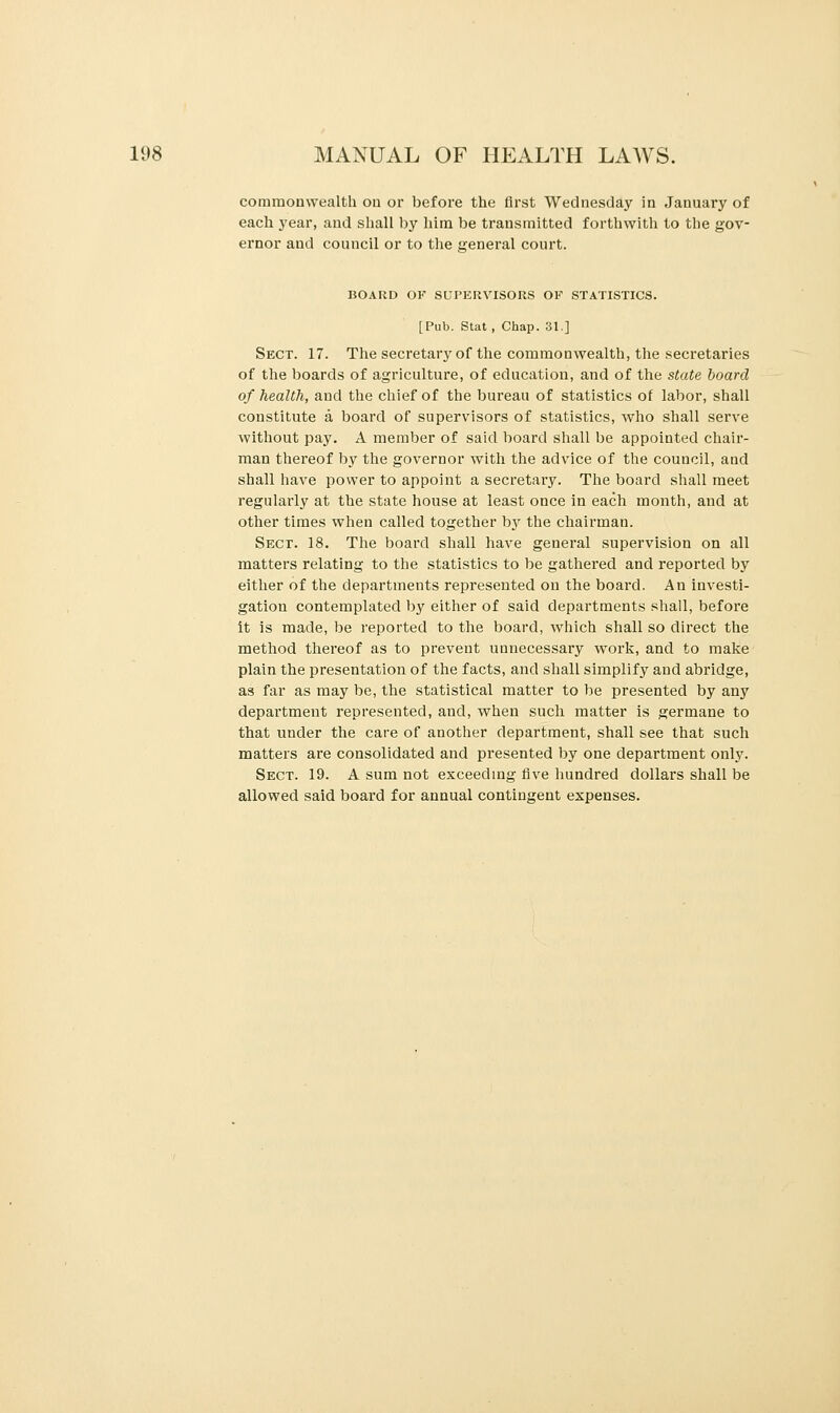 commonwealth ou or before the first Wednesday in January of each year, and shall by him be transmitted forthwith to the gov- ernor and council or to the general court. BOARD OK SUPERVISORS OV STATISTICS. [Pub. Stat , Chap. 31.] Sect. 17. The secretary of the commonwealth, the secretaries of the boards of agriculture, of education, and of the state board of health, and the chief of the bureau of statistics of labor, shall constitute a board of supervisors of statistics, who shall serve without pay. A member of said board shall be appointed chair- man thereof by the governor with the advice of the council, and shall have power to appoint a secretary. The board shall meet regularly at the state house at least once in each month, and at other times when called together by the chairman. Sect. 18. The board shall have general supervision on all matters relating to the statistics to be gathered and reported by either of the departments represented on the board. An investi- gation contemplated by either of said departments shall, before it is made, be reported to the board, which shall so direct the method thereof as to prevent unnecessary work, and to make plain the presentation of the facts, and shall simplify and abridge, as far as may be, the statistical matter to be presented by any department represented, and, when such matter is germane to that under the care of another department, shall see that such matters are consolidated and presented by one department only. Sect. 19. A sum not exceeding five hundred dollars shall be allowed said board for annual contingent expenses.