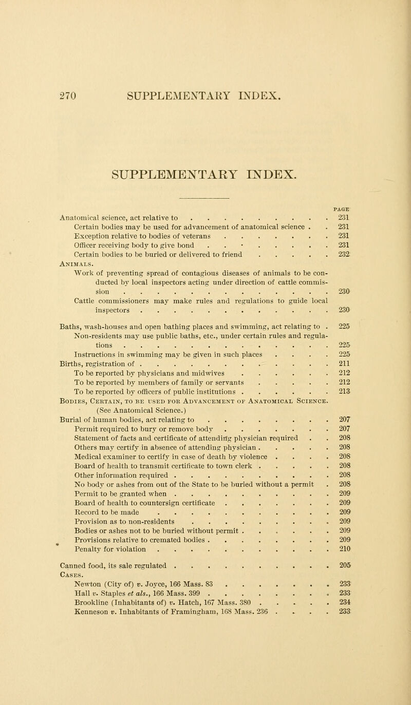 SUPPLEMEISTTARY ESTDEX. PAGE Anatomical science, act relative to 231 Certain bodies may be used for advancement of anatomical science . . 231 Exception relative to bodies of veterans 231 Officer receiving body to give bond . . • 231 Certain bodies to be buried or delivered to friend 232: Animals. Work of preventing spread of contagious diseases of animals to be con- ducted by local inspectors acting under direction of cattle commis- sion 230 Cattle commissioners may malie rules and regulations to guide local inspectors 230 Baths, wash-houses and open bathing places and swimming, act relating to . 225 Non-residents may use public baths, etc., under certain rules and regula- tions 225 Instructions in swimming may be given in such places .... 225- Births, registration of 211 To be reported by physicians and midwives 212 To be reported by members of family or servants 212 To be reported by officers of public institutions 213' Bodies, Certain, to be used for Advancement of Anatomical Science. (See Anatomical Science.) Burial of human bodies, act relating to 207 Permit required to bury or remove body 207 Statement of facts and certificate of attending physician required . . 208 Others may certify in absence of attending physician 208 Medical examiner to certify in case of death by violence .... 208 Board of health to transmit certificate to town clerk 208 Other information required 208 No body or ashes from out of the State to be buried without a permit . 208 Permit to be granted when 209 Board of health to countersign certificate 209 Record to be made 209 Provision as to non-residents o 209 Bodies or ashes not to be buried without permit ...... 209 Provisions relative to cremated bodies 209 Penalty for violation 210 Canned food, its sale regulated 205- Cases. Newton (City of) v. Joyce, 166 Mass. 83 233' Hall V. Staples et als., 166 Mass. 399 , 233 Brookline (Inhabitants of) v. Hatch, 167 Mass. 380 .... . 234 Kenneson v. Inhabitants of Framingham, 168 Mass. 236 ..... 233: