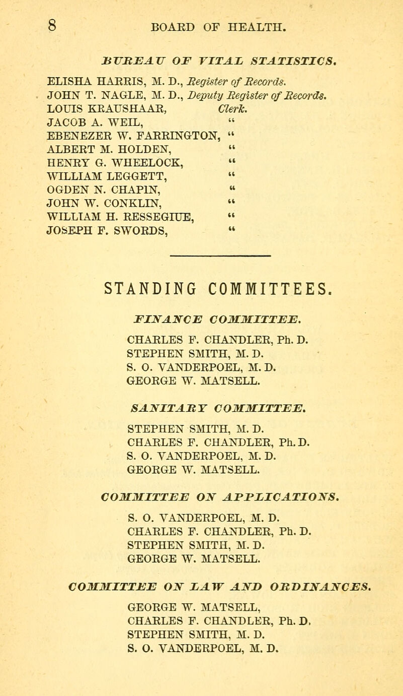 hvbjejljj of vital statistics, ELISHA HAEEIS, M. D., Begister of Becords. JOHN T. NAGLE, M. D., Deputy Begister of Becords. LOUIS KEATTSHAAR, Clerk. JACOB A. WEH., EBENEZEE W. FAEEINOTON,  ALBEET M. HOLDER,  HENEY G. WHEELOCK,  Wn^LIAM LEGGETT,  OGDEN N. CHAPLN,  JOHN W. CONKLIN,  WH.LTAM H. EESSEGIUE,  JOSEPH F. SWOEDS, « STANDING COMMITTEES. FINANCE COMMITTEE. CHARLES P. CHANDLEE, Ph. D. STEPHEN SMITH, M. D. S. O. YANDEEPOEL, M. D. GEOEGE W. MATSELL. SANITABT COMMITTEE. STEPHEN SMITH, M. D. CHARLES F. CHANDLEE, Ph.D. S. O. VANDEEPOEL, M. D. GEOEGE W. MATSELL. COMMITTEE ON APFLICATIONS. S. O. VANDEEPOEL, M. D. CHARLES P. CHANDLEE, Ph. D. STEPHEN SMITH, M. D. GEOEGE W. MATSELL. COMMITTEE ON EAW AND OMDINANCES. GEOEGE W. MATSELL, CHARLES F. CHANDLEE, Ph. D. STEPHEN SMITH, M. D. S. O. VANDEEPOEL, M. D.