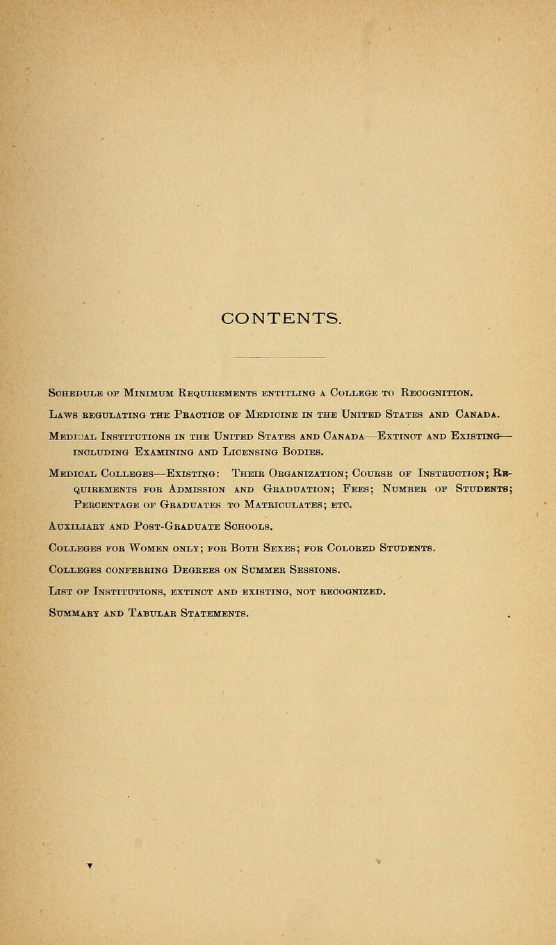 CONTENTS. Schedule of Minimum Requirements entitling a College to Recognition. Laws eegulating the Pbaotioe op Medicine in the United States and Canada. Medidal Institutions in the United States and Canada—Extinct and Existing— including Examining and Licensing Bodies. Medical Colleges—Existing: Their Organization; Course of Instruction; Re- quirements for Admission and Graduation; Fees; Number of Students; Percentage of Graduates to Matriculates; etc. Auxiliary and Post-Graduate Schools. Colleges fob Women only; for Both Sexes; for Colored Students. Colleges conferring Degrees on Summer Sessions. List of Institutions, extinct and existing, not recognized. Summary and Tabular Statements.