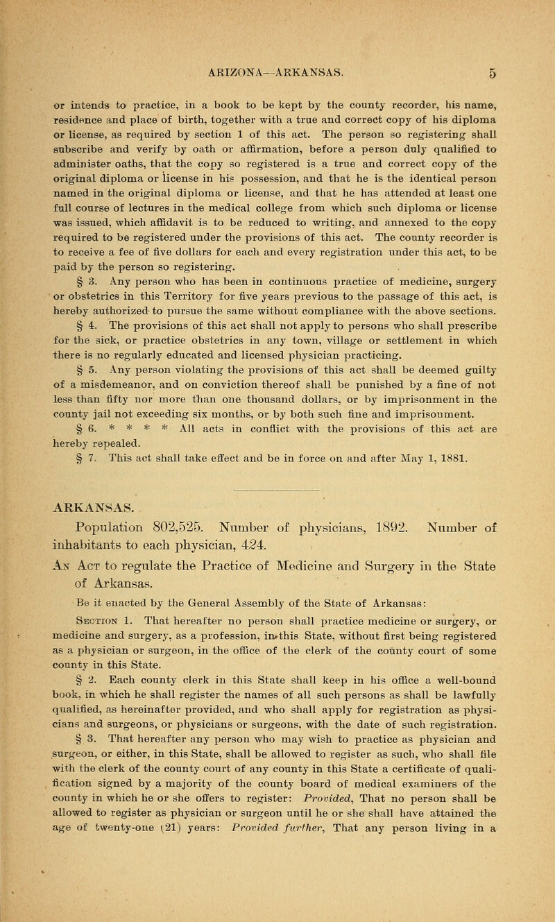 or intends to practice, in a book to be kept by the county recorder, his name, residence and place of birth, together with a true and correct copy of his diploma or license, as required by section 1 of this act. The person so registering shall subscribe and verify by oath or affirmation, before a person duly qualified to administer oaths, that the copy so registered is a true and correct copy of the original diploma or license in his possession, and that he is the identical person named in the original diploma or license, and that he has attended at least one full course of lectures in the medical college from which such diploma or license was issued, which affidavit is to be reduced to writing, and annexed to the copy required to be registered under the provisions of this act. The county recorder is to receive a fee of five dollars for each and every registration under this act, to be paid by the person so registering. § 3. Any person who has been in continuous practice of medicine, surgery or obstetrics in this Territory for five years previous to the passage of this act, is hereby authorized to pursue the same without compliance with the above sections. § 4. The provisions of this act shall not apply to persons who shall prescribe for the sick, or practice obstetrics in any town, village or settlement in which there is no regularly educated and licensed physician practicing. § 5. Any person violating the provisions of this act shall be deemed guilty of a misdemeanor, and on conviction thereof shall be punished by a fine of not less than fifty nor more than one thousand dollars, or by imprisonment in the county jail not exceeding six months, or by both such fine and imprisonment. § 6. * * * * All acts in conflict with the provisions of this act are hereby repealed. § 7, This act shall take effect and be in force on and after May 1, 1881. ARKANSAS. Population 802,525. Number of physicians, 1892. Number of inhabitants to each physician, 424. An Act to regulate the Practice of Medicine and Surgery in the State of Arkansas. Be it enacted by the General Assembly of the State of Arkansas: Section 1. That hereafter no person shall practice medicine or surgery, or medicine and surgery, as a profession, in>this State, without first being registered as a physician or surgeon, in the office of the clerk of the county court of some county in this State. § 2. Each county clerk in this State shall keep in his office a well-bound book, in which he shall register the names of all such persons as shall be lawfully qualified, as hereinafter provided, and who shall apply for registration as physi- cians and surgeons, or physicians or surgeons, with the date of such registration. § 3. That hereafter any person who may wish to practice as physician and surgeon, or either, in this State, shall be allowed to register as such, who shall file with the clerk of the county court of any county in this State a certificate of quali- fication signed by a majority of the county board of medical examiners of the county in which he or she offers to register: Provided, That no person shall be allowed to register as physician or surgeon until he or she shall have attained the age of twenty-one ^21) years: Provided further, That any person living in a