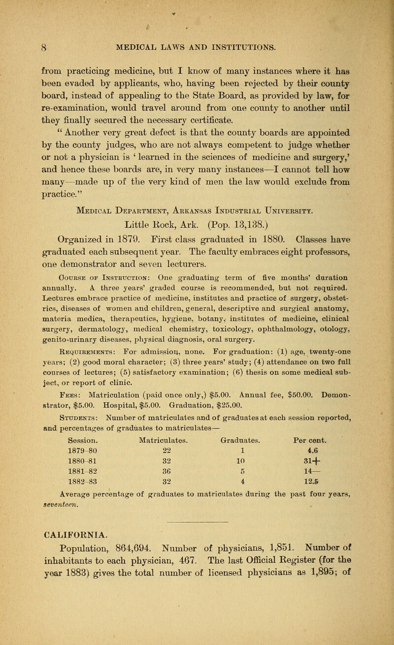 from practicing medicine, but I know of many instances where it has been evaded by applicants, who, having been rejected by their county board, instead of appealing to the State Board, as provided by law, for re-examination, would travel around from one county to another until they finally secured the necessary certificate.  Another very great defect is that the county boards are appointed by the county judges, who are not always competent to judge whether or not a physician is ' learned in the sciences of medicine and surgery,' and hence these boards are, in very many instances—I cannot tell how many—made up of the very kind of men the law would exclude from practice. Medical Department, Arkansas Industrial University. Little Kock, Ark. (Pop. 13,138.) Organized in 1879. First class graduated in 1880. Classes have graduated each subsequent year. The faculty embraces eight professors, one demonstrator and seven lecturers. Oourse of Instruction: One graduating term of five months' duration annually. A three years' graded course is recommended, but not required. Lectures embrace practice of medicine, institutes and practice of surgery, obstet- rics, diseases of women and children, general, descriptive and surgical anatomy, materia medica, therapeutics, hygiene, botany,- institutes of medicine, clinical surgery, dermatology, medical chemistry, toxicology, ophthalmology, otology, genito-urinary diseases, physical diagnosis, oral surgery. Requirements: For admission, none. For graduation: (1) age, twenty-one years; (2) good moral character; (3) three years' study; (4) attendance on two full courses of lectures; (5) satisfactory examination; (6) thesis on some medical sub- ject, or report of clinic. Fees: Matriculation (paid once only,) $5.00. Annual fee, $50.00. Demon- strator, $5.00. Hospital, $5.00. Graduation, $25.00. Students: Number of matriculates and of graduates at each session reported, and percentages of graduates to matriculates— Session. Matriculates. Graduates. Per cent. 1879-80 22 1 4.6 1880-81 32 10 31-f 1881-82 36 5 14— 1882-83 32 4 12.5 Average percentage of graduates to matriculates during the past four years, seventeen. CALIFORNIA. Population, 864,694. Number of physicians, 1,851. Number of inhabitants to each physician, 467. The last Official Eegister (for the year 1883) gives the total number of licensed physicians as 1,895; of