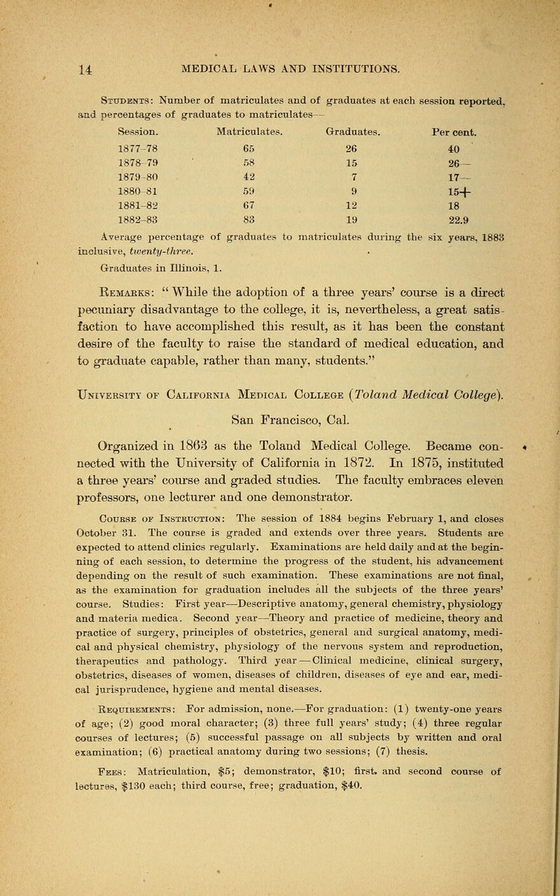 Students : Number of matriculates and of graduates at each session reported, and percentages of graduates to matriculates— Session. Matriculates. Graduates. Per cent. 1877-78 65 26 40 1878-79 58 15 26— 1879-80 42 7 17— 1880-81 59 9 15+ 1881-82 67 12 18 1882-83 83 19 22.9 Average percentage of graduates to matriculates during the six years, 1883 inclusive, twenty-three. Graduates in Illinois, 1. Remarks: While the adoption of a three years' course is a direct pecuniary disadvantage to the college, it is, nevertheless, a great satis- faction to have accomplished this result, as it has been the constant desire of the faculty to raise the standard of medical education, and to graduate capable, rather than many, students. University of California Medical College {Toland Medical College). San Francisco, Cal. Organized in 1863 as the Toland Medical College. Became con- nected with the University of California in 1872. In 1875, instituted a three years' course and graded studies. The faculty embraces eleven professors, one lecturer and one demonstrator. Coukse of Instruction : The session of 1884 begins February 1, and closes October 31. The course is graded and extends over three years. Students are expected to attend clinics regularly. Examinations are held daily and at the begin- ning of each session, to determine the progress of the student, his advancement depending on the result of such examination. These examinations are not final, as the examination for graduation includes all the subjects of the three years' course. Studies: First year—Descriptive anatomy, general chemistry, physiology and materia medica. Second year—Theory and practice of medicine, theory and practice of surgery, principles of obstetrics, general and surgical anatomy, medi- cal and physical chemistry, physiology of the nervous system and reproduction, therapeutics and pathology. Third year — Clinical medicine, clinical surgery, obstetrics, diseases of women, diseases of children, diseases of eye and ear, medi- cal jurisprudence, hygiene and mental diseases. Requibements: For admission, none.—For graduation: (1) twenty-one years of age; (2) good moral character; (3) three full years' study; (4) three regular courses of lectures; (5) successful passage on all subjects by written and oral examination; (6) practical anatomy during two sessions; (7) thesis. Fees: Matriculation, $5; demonstrator, $10; first, and second course of lectures, $130 each; third course, free; graduation, $40.