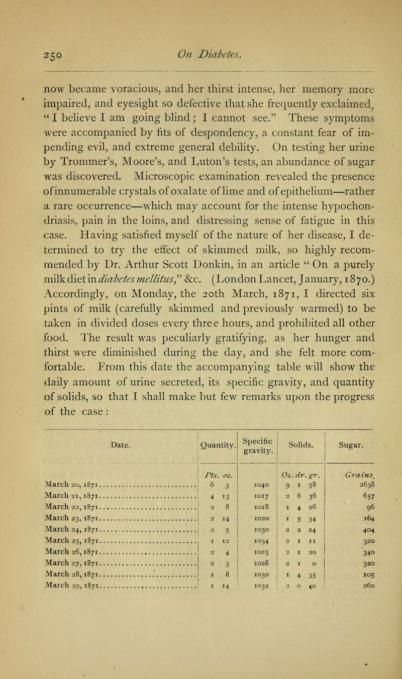 now became voracious, and her thirst intense, her memory more impaired, and eyesight so defective that she frequently exclaimed, I believe I am going blind; I cannot see. These symptoms were accompanied by fits of despondency, a constant fear of im- pending evil, and extreme general debility. On testing her urine by Trommer's, Moore's, and Luton's tests, an abundance of sugar was discovered. Microscopic examination revealed the presence ofinnumerable crystals of oxalate of lime and of epithelium—rather a rare occurrence—which may account for the intense hypochon- driasis, pain in the loins, and distressing sense of fatigue in this case. Having satisfied myself of the nature of her disease, I de- termined to try the effect of skimmed milk, so highly recom- mended by Dr. Arthur Scott Donkin, in an article  On a purely milk diet in diabetes mellitus &c. (London Lancet, January, 1870.) Accordingly, on Monday, the 20th March, 1871, I directed six pints of milk (carefully skimmed and previously warmed) to be taken in divided doses every thre e hours, and prohibited all other food. The result was peculiarly gratifying, as her hunger and thirst were diminished during the day, and she felt more com- fortable. From this date the accompanying table will show the daily amount of urine secreted, its specific gravity, and quantity of solids, so that I shall make but few remarks upon the progress of the case : Date. Quantity I Pis. 6 March 20,1871 March 21,1871 1 4 March 22,1871 j 2 March 23,1871 2 March 24,1871 , | 2 March 25,1871 March 26,1871 March 27,1871 March 28,1871 .' March 29,1871 Specific gravity. Solids. 1040 1017 1018 1020 1030 1034 1025 1028 1030 1032 Oz. dr. gr. 9 1 58 2 6 36 1 4 26 Sugar. Graino. 2638 657 96 164 404 320 340 320 105 260