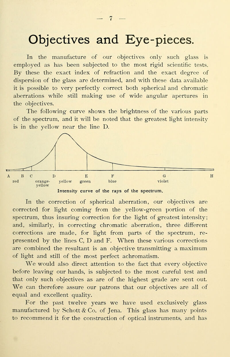 Objectives and Eye-pieces. In the manufacture of our objectives only such glass is employed as has been subjected to the most rigid scientific tests. By these the exact index of refraction and the exact degree of dispersion of the glass are determined, and with these data available it is possible to very perfectly correct both spherical and chromatic aberrations while still making use of wide angular apertures in the objectives. The following curve shows the brightness of the various parts of the spectrum, and it will be noted that the greatest light intensity is in the yellow near the line D. yellow green Intensity curve of the rays of the spectrum. In the correction of spherical aberration, our objectives are corrected for light coming from the yellow-green portion of the spectrum, thus insuring correction for the light of greatest intensity; and, similarly, in correcting chromatic aberration, three different corrections are made, for light from parts of the spectrum, re- presented by the lines C, D and F. When these various corrections are combined the resultant is an objective transmitting a maximum of light and still of the most perfect achromatism. We would also direct attention to the fact that every objective before leaving our hands, is subjected to the most careful test and that only such objectives as are of the highest grade are sent out. We can therefore assure our patrons that our objectives are all of equal and excellent quality. For the past twelve years we have used exclusively glass manufactured by Schott & Co. of Jena. This glass has many points to recommend it for the construction of optical instruments, and has