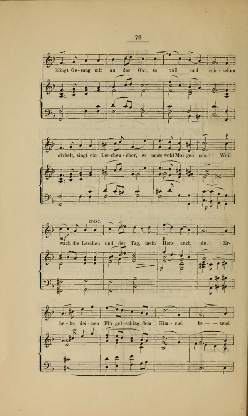 P¥=£= :=T=q— 0- klingt Ge-sang mir an das EffiEEE rt-z i=3=1=F= ^1 Ohr, so ^3 -,—-,—.—i n 1- ] J ;„J-t^—st §§ £=te i voll und rein: schon E£ rr :zl—q:zq: ö ^- r—r^? I ^zr=q=3 ^ 1 M 0 ^ '—<5>T 1 wirbelt, singt ein Ler-chen - chor, es muss wohlMor-gen sein! 1 -J.-HV-J Weil -& ..tJJU 0—0—\—&- 5 f X U I 1 0 (2 v^& 0 m—_— r_« crese. S5?3=3=3 mf p wach die Lerchen und der Tag, mein Herz auch du. Er- ^ *—3—=F=F —^^^H-f &— äS7, ♦ 7 r Um p d ^^Eä £3_qrr^r^_q— fc=3 =£E3= Ä»T •3— he - l)e dei - nen Flu-gel-schlag, dem Hirn - mel v 3 j J -K -<s» -I- be — tend *►. &=* I** e -4 i