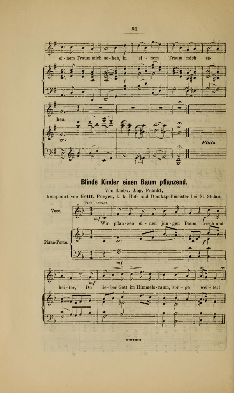 pz^—g»—f 0—,,— fi^* Pee3^seö^3e =!=:: ei - nem Traum mich se - hen, in ei nem Traum mich 3E se- --pcTis K ' 2 *—i 1 1 —ag sJ 1 '—s» J— t:4t-8= cJ r hen. -=: m- 1—f— /TN E^EE r~#—d—+—d —# =-s—I- - 1—ß^Jß — P—rA 1— *§=* =n3 1. :±=3-Ä:f -U Finis. ffii=*«S*^P J Blinde Kinder einen Baum pflanzend. Von Ludw. Aug. Frankl, komponirt von ßottf. Preyer, k. k. Hof- und Domkapellmeister bei St. Stefan. Froh, bewegt. Voce. BgsS *=* Piano-Forte. Wir pfian - zen ei «• nen jun - gen Baum, frisch und Ffr-3 3—| ••=*: rqz: Mzz&r. r ^m^m mf 3 hei - ter :—i K- ^--af-fc—^ 1 « N H—-P—^ » ti—17: 3C=#=3F=:e: -£5=—: mf Du lie- ber Gott im Himmels - räum, sor - ge wei - ter! S. -q: ♦ ^1 I I ß 0— d—I »—-\A ^