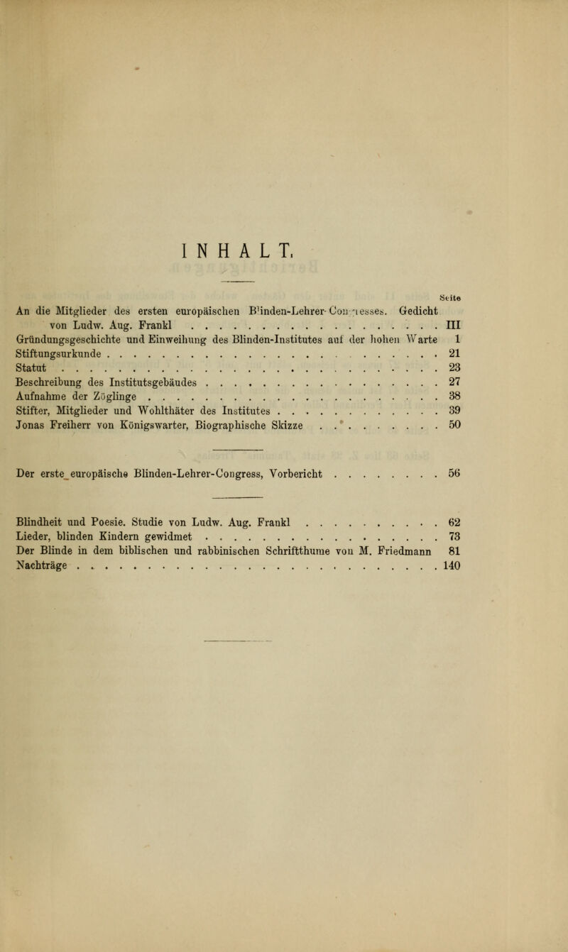 INHALT. Seite An die Mitglieder des ersten europäischen BHnden-Lehrer-Coii tesse^. Gedicht von Ludw. Aug. Frankl III Gründungsgeschichte und Einweihung des Blinden-Institutes auf der hohen Warte 1 Stiftungsurkunde 21 Statut 23 Beschreibung des Institutsgebäudes 27 Aufnahme der Zöglinge 38 Stifter, Mitglieder und Wohlthäter des Institutes 39 Jonas Freiherr von Königswarter, Biographische Skizze . . * 50 Der erste europäische Blinden-Lehrer-Congress, Vorbericht 56 Blindheit und Poesie. Studie von Ludw. Aug. Frankl 62 Lieder, blinden Kindern gewidmet 73 Der Blinde in dem biblischen und rabbinischen Schriftthume von M. Friedmann 81 Nachträge . 140