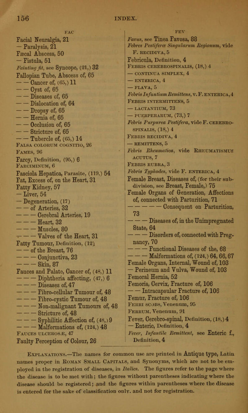 lAC Facial Neuralgia, 21 — Paralysis, 21 Fscal Abscess, 50 — Pistula, 51 Fa hit hi r/Jit, see Syncope, (21,) 32 Fallopian Tube, Abscess of, 65 Cancer of, (65,) 11 Cyst of, 65 Diseases of, 65 Dislocation of, 64 Dropsy of, 65 Hernia of, 65 Occlusion of, 65 Stricture of, 65 Tubercle of, (65,) 14 Falsa colokum cognitio, 26 Fames, 96 Farcy, Definition, (95,) 6 Farcimixum, 6 Fasciola Hepatica, Parasite, (119,) 54 Fat, Excess of, on the Heart, 31 Fatty Kidney, 57 — Liver, 54 — Degeneration, (17) of Arteries, 32 Cerebral Arteries, 19 Heart, 32 Muscles, 80 Valves of the Heart, 31 Fatty Tumour, Definition, (12) of the Breast, 76 Conjunctiva, 23 Skin, 87 Fauces and Palate, Cancer of, (48,) 11 Diphtheria affecting, (47,) 6 Diseases of, 47 Fibro-cellular Tumour of, 48 Fibro-cystic Tumour of, 48 Non-malignant Tumours of, 48 Stricture of, 48 Syphilitic Affection of, (48,) 9 Malformations of, (124,) 48 Fauces ulceros.e, 47 Faulty Perception of Colour, 26 FEV Favus, see Tinea Favosa, 88 Febres Pesiifercv Singidantm Eegionum, vide F. recidiva, 5 Febricula, Definition, 4 Febris cerebrospinalis, (18,) 4 — CONTINUA simplex, 4 — EXTERICA, 4 — FLAVA, 5 Febris InfantiumBemittenSjY.Y.^^TEBiCA.,^ Febris intermittens, 5 — lactantium, 73 — puerperarum, (73,) 7 Febris Purpurea Pestifera, vide F. cerebro- spinalis, (18,) 4 Febris recidiva, 4 — remittens, 5 Febris Bheumatica, vide Rheumatismus ACUTUS, 7 Febris rubra, 3 Febris Typhodes, vide F. enterica, 4 Female Breast, Diseases of, (for their sub- division, see Breast, Female,) 75 Female Organs of Ceneration, Affections of, connected with Parturition, 71 Consequent on Parturition, 73 Diseases of, in the Unimpregnated State, 64 Disorders of, connected with Preg- nancy, 70 Functional Diseases of the, 68 Malformations of, (124,) 64, 66,67 Female Organs, Internal, Wound of, 103 — Perineum and Vulva, Wound of, 103 Femoral Hernia, 52 Femoris, Cervix, Fracture of, 106 Intracapsular Fracture of, 106 Femur, Fracture of, 106 Feiiri scobs, Yeuennm, 95 Ferrum, Venenum, 91 Fever, Cerebro-spinal, Definition, (18,) 4 — Enteric, Definition, 4 Fever, Infantile Pemittent, see Enteric f,. Definition, 4 Explanations.—The names for common use are printed in Antique type, Latin names i)roper in Roman Small Capitals, and Synonyms, which are not to be em- ployed in the registration of diseases, in Italics. The figures refer to the page where the disease is to be met with; the figures without parentheses indicating where the disease should be registered; and the figures within parentheses where the disease