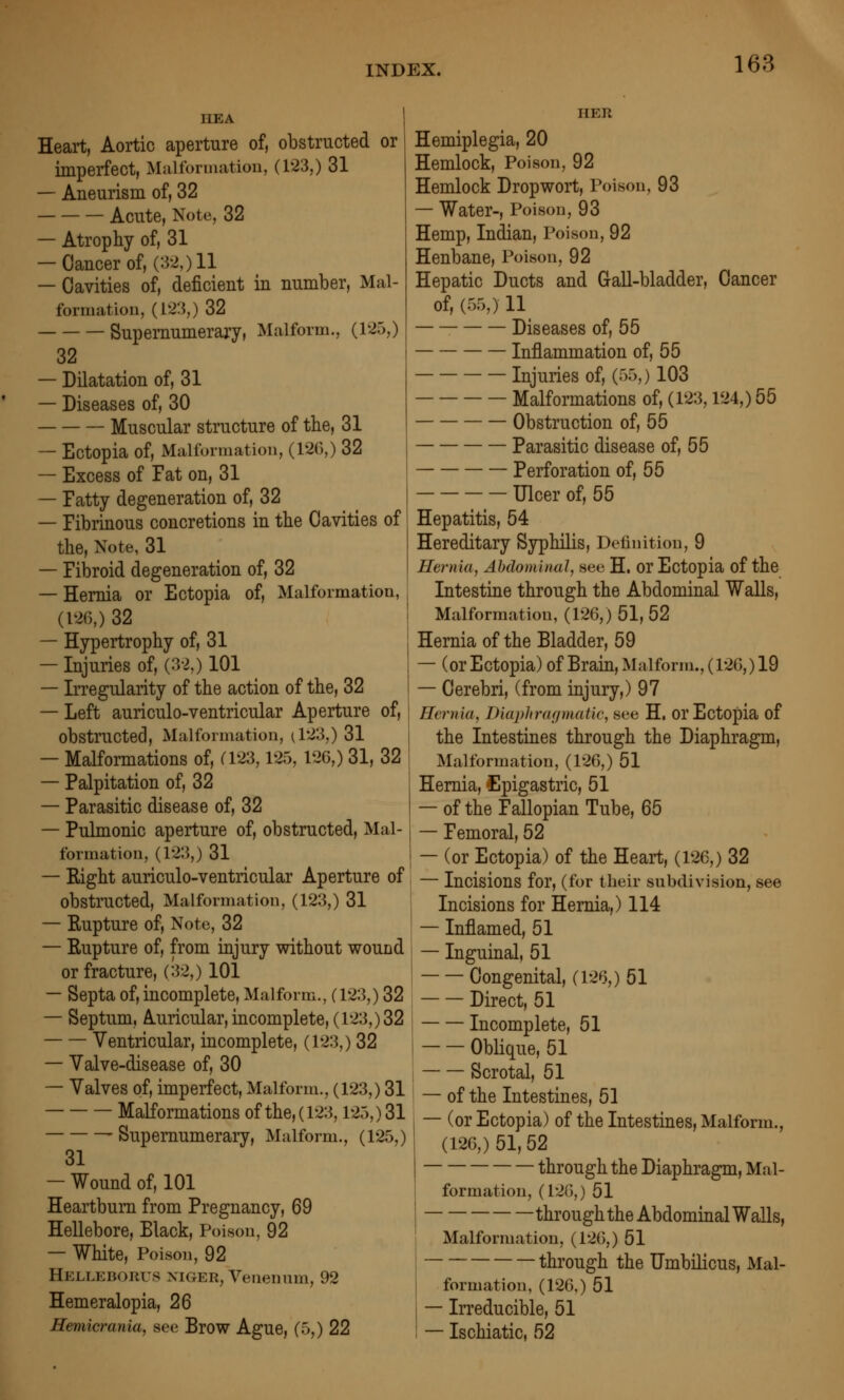 HEA Heart, Aortic aperture of, obstructed or imperfect, Malfomiatiou, (123,) 31 — Aneurism of, 32 Acute, Note, 32 — Atrophy of, 31 — Cancer of, (32,) 11 — Cavities of, deficient in number, Mal- formatiou, (123,) 32 Supernumerary, Malform., (125,) 32 — Dilatation of, 31 — Diseases of, 30 Muscular structure of the, 31 — Ectopia of, Malfonnation, (126,) 32 — Excess of Fat on, 31 — Patty degeneration of, 32 — Fibrinous concretions in the Cavities of the. Note, 31 — Fibroid degeneration of, 32 — Hernia or Ectopia of. Malformation, (126,) 32 — Hypertrophy of, 31 — Injuries of, (32,) 101 — Irregularity of the action of the, 32 — Left auriculo-ventricular Aperture of, obstructed. Malformation, (123,) 31 — Malformations of, (123,125, 126,) 31, 32 — Palpitation of, 32 — Parasitic disease of, 32 — Pulmonic aperture of, obstructed, Mal- formation, (123,) 31 — Eight auriculo-ventricular Aperture of obstructed, Malformation, (123,) 31 — Kupture of. Note, 32 — Eupture of, from injury without wound or fracture, (32,) 101 — Septa of, incomplete, Malform., (123,) 32 — Septum, Auricular, incomplete, (123,) 32 Ventricular, incomplete, (123,) 32 — Valve-disease of, 30 — Valves of, imperfect, Malform., (123,) 31 Malformations of the, (123,125,) 31 Supernumerary, Malform., (125,) 31 — Wound of, 101 Heartburn from Pregnancy, 69 Hellebore, Black, Poison, 92 — White, Poison, 92 Helleborus NIGER, Venenum, 92 Hemeralopia, 26 Hemierania, see Brow Ague, (5,) 22 HER Hemiplegia, 20 Hemlock, Poison, 92 Hemlock Dropwort, Poison, 93 — Water-, Poison, 93 Hemp, Indian, Poison, 92 Henbane, Poison, 92 Hepatic Ducts and GaU-bladder, Cancer of, (55,) 11 Diseases of, 55 Inflammation of, 55 Injuries of, (55,) 103 Malformations of, (123,124,) 55 Obstruction of, 55 Parasitic disease of, 55 Perforation of, 55 Ulcer of, 55 Hepatitis, 54 Hereditary Syphilis, Definition, 9 Hernia, Abdoin'nm], see H. or Ectopia of the Intestine through the Abdominal Walls, Malformation, (126,) 51, 52 Hernia of the Bladder, 59 — (or Ectopia) of Brain, Malform., (126,) 19 — Cerebri, (from injury,) 97 Hernia, Diaphragmatic, see H. or Ectopia of the Intestines through the Diaphragm, Malformation, (126,) 51 Hernia, tlpigastric, 51 — of the Fallopian Tube, 65 — Femoral, 52 — (or Ectopia) of the Heart, (126,) 32 — Incisions for, (for their subdivision, see Incisions for Hernia,) 114 — Inflamed, 51 — Inguinal, 51 Congenital, (126,) 61 Direct, 51 Incomplete, 51 Oblique, 51 Scrotal, 51 — of the Intestines, 51 — (or Ectopia) of the Intestines, Malform., (126,) 51, 52 through the Diaphragm, Mal- formation, (120,) 51 through the Abdominal Walls, Malformation, (126,) 51 through the Umbilicus, Mal- formation, (126,) 51 — Irreducible, 51 — Ischiatic, 52