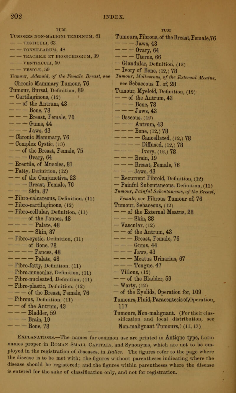 TUM TUMORES NON-MALIGXI TENDLNUM, 81 TESTICULI, 63 TOXSILLARUM, 48 TRACHEJE ET BRONCHIORUM, 39 VENTRICULI, 50 VESICAE, 59 Tumour, Adenoid, of the Female Breast, Chronic Mammary Tumour, 76 Tumour, Bursal, DefiuitioD, 89 — Cartilaginous, (12) « of the Antrum, 43 Bone, 78 Breast, Pemale, 76 Gums, 44 Jaws, 43 — Chronic Mammary, 76 — Complex Cystic, (j3) of the Breast, Female, 75 Ovary, 64 — Erectile, of Muscles, 81 — Fatty, Detiuition, (12) of the Conjunctiva, 23 Breast, Female, 76 Skin, 87 — Fibro-calcareous, Definitiou, (11) — Fibro-cartilaginous, (12) — Fibro-cellular, Definition, (11) of the Fauces, 48 Palate, 48 Skin, 87 — Fibro-cystic, Definition, (11) of Bone, 78 Fauces, 48 Palate, 48 — Fibro-fatty, Definition, (11) — Fibro-muscular, Definition, (11) — Fibro-nucleated, Definition, (11) — Fibro-plastic, Definition, (12) of the Breast, Female, 76 — Fibrous, Delinition, (11) of the Antrum, 43 Bladder, 59 Brain, 19 Bone, 78 see TUM Tumours, Fibrous, of the Breast, Female,76 Jaws, 43 Ovary, 64 Uterus, 66 — G-landular, Definition, (12) — Ivory of Bone, (12,) 78 Tumour, Molluscous, of the External Meatus^ see Sebaceous T. of, 28 Tumour, Myeloid, Definition, (12) of the Antrum, 43 Bone, 78 Jaws, 43 — Osseous, (12) Antrum, 43 Bone, (12,) 78 Cancellated, (12,) 78 Diffused, (12,) 78 Ivory, (12,) 78 Brain, 19 Breast, Female, 76 Jaws, 43 — Recun'ent Fibroid, Definition, (12) — Painful Subcutaneous, Definition, (li) Tumour, Faiuful Subcutaneous, of the Breast, Female, see Fibrous Tumour of, 76 Tumour, Sebaceous, (12) of the External Meatus, 28 Skin, 88 — Vascular, (12) of the Antrum, 43 Breast, Female, 76 Gums, 44 Jaws, 43 Meatus Urinarius, 67 Tongue, 47 — Villous, (12) of the Bladder, 59 — Warty, (12) — of the Eyelids, Operation for, 109 Tumours, Fluid, Paracentesis of,Operation^ 117 Tumours, Non-malignant. (For their clas- sification and local distribution, see Non-malignant Tumours,) (11,17) ExPLAXATiONS.—The names for common use are printed in Antique type, Latin names proper in Romax Sm.vxl Capitals, and Synonyms, which are not to be em- ployed in the registration of diseases, in Italics. The figures refer to the page where the disease is to be met with; the figures without parentheses indicating where the disease should be registered; and the figures within parentheses where the disease