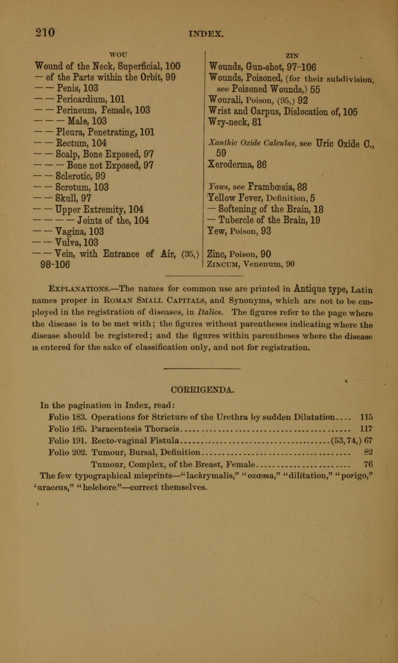 wou Wound of the Neck, Superficial, 100 — of the Parts within the Orbit, 99 Penis, 103 Pericardium, 101 Peiineum, Female, 103 Male, 103 Pleura, Penetrating, 101 Kectum, 104 Scalp, Bone Exposed, 97 Bone not Exposed, 97 Sclerotic, 99 Scrotum, 103 SkuU, 97 Upper Extremity, 104 Joints of the, 104 Vagina, 103 Vulva, 103 Vein, with Entrance of Air, (35,) 98-106 ZIN Wounds, Gun-shot, 97-106 Wounds, Poisoned, (for their subdivision, see Poisoned Wounds,) 55 Wourali, Poison, (95,) 92 Wrist and Carpus, Dislocation of, 105 Wry-neck, 81 Xanilm Oxide Calculus, see Uric Oxide 0 59 Xeroderma, 86 Yaws, see Framboesia, 88 Yellow Fever, Definition, 5 — Softening of the Brain, 18 — Tubercle of the Brain, 19 Yew, Poison, 93 Zinc, Poison, 90 ZiNCUM, Venennm, 90 Explanations.—The names for common use are printed in Antique type, Latin names proper in Roman Small Capitals, and Synonyms, which are not to be em- ployed in the registration of diseases, in Italics. The figures refor to the page where the disease is to be met with; the figures without parentheses indicating where the disease should be registered; and the figures within parentheses where the disease 18 entered for the sake of classification only, and not for registration. CORRIGENDA. In the pagination in Index, read: Folio 183. Operations for Stricture of the Urethra by sudden Dilatation 115 Folio 185. Paracentesis Thoracis 117 Folio 191. Recto-vaginal Fistula (53,74,) 67 Folio 202. Tumour, Bursal, Definition 82 Tumour, Complex, of the Breast, Female 76 The few typographical misprints— lac^rymalis, ozoewa, dilitation, porigo, ^uraceus, heZebore—correct themselves.
