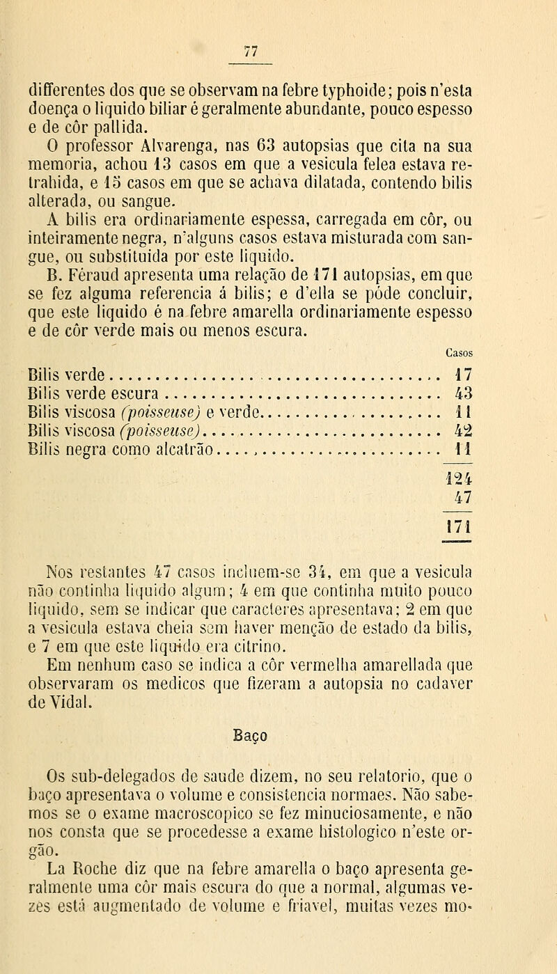 differentes dos que se observam na febre typhoide; pois n'esta doença o liquido biliar é geralmente abundante, pouco espesso e de côr pallida. O professor Alvarenga, nas 63 autopsias que cita na sua memoria, achou 13 casos em que a vesícula felea estava re- Irahida, elo casos em que se achava dilatada, contendo bilis alterada, ou sangue. A bilis era ordinariamente espessa, carregada em côr, ou inteiramente negra, n'alguns casos estava misturada com san- gue, ou substituída por este liquido. B. Féraud apresenta uma relação de 171 autopsias, em que se fez alguma referencia á bilis; e d'ella se pôde concluir, que este liquido é na febre amarella ordinariamente espesso e de côr verde mais ou menos escura. Casos Bilis verde 17 Bilis verde escura 43 Bilis viscosa fpoisseusej e verde 11 Bilis viscosa fpoisseusej 42 Bilis negra como alcatrão , 11 124 47 171 Nos restantes 47 casos inclnem-sc 34, em que a vesícula não continha liquido algum; 4 em que continha muito pouco liquido, sem se indicar que caracteres apresentava; 2 em que a vesícula estava cheia sem haver menção de estado da bílis, e 7 em que este liquido era citrino. Em nenhum caso se indica a côr vermelha amarellada que observaram os médicos que fizeram a autopsia no cadáver de Vidal. Baço Os sub-delegados de saúde dizem, no seu relatório, que o baço apresentava o volume e consistência normaes. Não sabe- mos se o exame macroscópico se fez minuciosamente, e não nos consta que se procedesse a exame histológico n'este ór- gão. La Roche diz que na febre amarella o baço apresenta ge- ralmente uma côr mais escura do que a normal, algumas ve- zes está augmentado de volume e friável, muitas vezes mo-