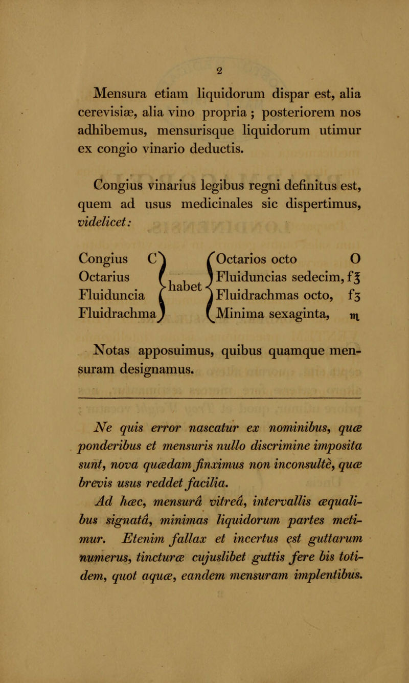 Mensura etiam liquidorum dispar est, alia cerevisias, alia vino propria ; posteriorem nos adhibemus, mensurisque liquidorum utimur ex congio vinario deductis. Congius vinarius legibus regni definitus est, quern ad usus medicinales sic dispertimus, videlicet: Congius C^ /'Octarios octo O Octarius f ', 1 Fluiduncias sedecim, f ^ V. habet < . Fluiduncia ( J Fluidrachmas octo, £3 Fluidrachmay {[^Minima sexaginta, rt^ Notas apposuimus, quibus quamque men- suram designamus. Ne quis error nascatur ex nominibus^ qucB ponderibus et mensuris nullo discrimine imposita suntf nova qucedam Jinximus non inconsulte, quce brevis usus reddet facilia. Ad hcEC^ mensura vitred, intervallis cequali- bus signatd^ minimas liquidorum partes meti- mur, Etenim fallax et incertus est guttarum numerus^ tinctures cujuslibet guttis fere bis toti- dem^ quot aquce, eandem mensuram implentibus.