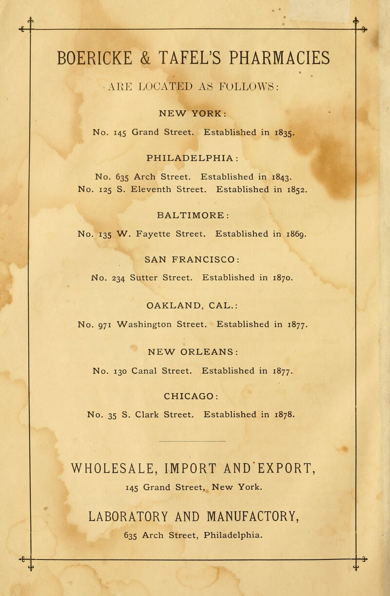 BOERICKE & TAFEL'S PHARMACIES ARE LOCATED AS FOLLOWS: NEW YORK: No. 145 Grand Street. Established in 1835. PHILADELPHIA: No. 635 Arch Street. EstabHshed in 1843. No. 125 S. Eleventh Street. Established in 1852. BALTIMORE: No. 135 W. Fayette Street. Established in 1869. SAN FRANCISCO: No. 234 Sutter Street. Established in 1870. OAKLAND, CAL.: No. 971 Washington Street. Established in 1877. NEW ORLEANS: No. 130 Canal Street. Established in 1877. CHICAGO: No. 35 S. Clark Street. Established in 1878. WHOLESALE, IMPORT AND'EXPORT, 145 Grand Street, New York. LABORATORY AND MANUFACTORY, 635 Arch Street, Philadelphia.