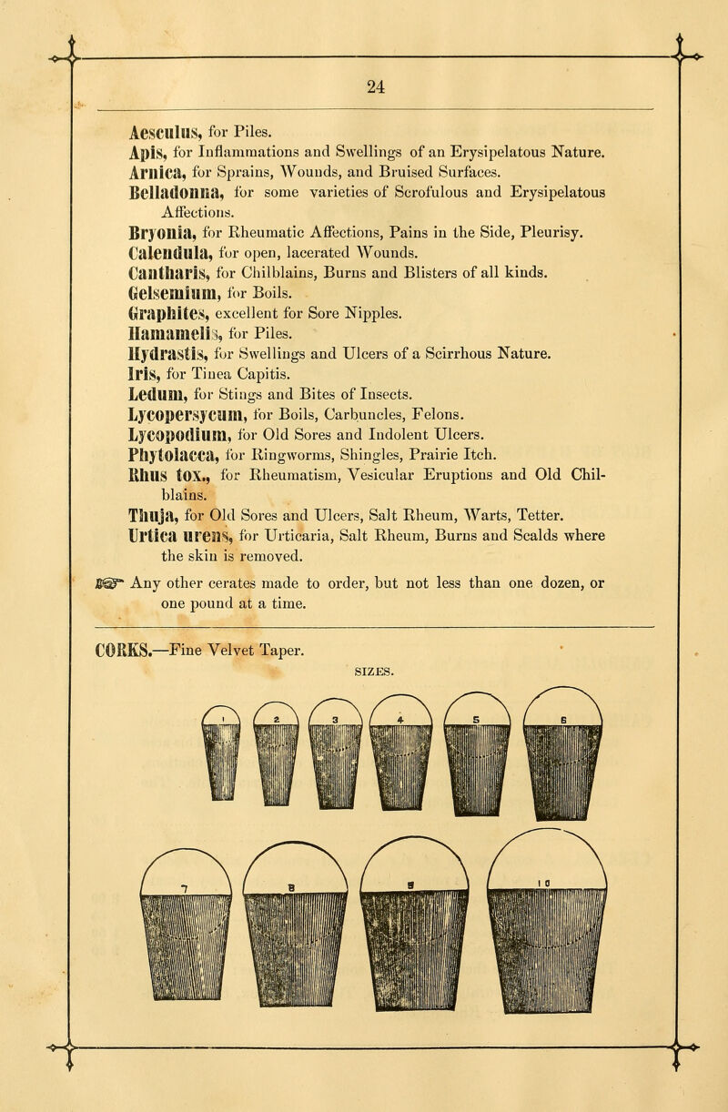 4- 24 -U AeSCUlUS, for Piles. ApiS^ for luflammations and Swellings of an Erysipelatous Nature. AniiCil) for Sprains, Wounds, and Bruised Surfaces. Bcllatloniia, for some varieties of Scrofulous and Erysipelatous Affections. Bryonia, for Rheumatic Affections, Pains in the Side, Pleurisy. Ctlleildula, fur open, lacerated Wounds. CaSlttlUriS, for Chilblains, Burns and Blisters of all kinds. Gelsemium, for Boils. Cfraphites, excellent for Sore Nipples. IIamameli3, for Piles. UydrastiS, for Swellings and Ulcers of a Scirrhous Nature. Iris, for Tinea Capitis. Ledum, for Stings and Bites of Insects. LyCOperSJCUm, for Boils, Carbuncles, Felons. LyCOpOdium, for Old Sores and Indolent Ulcers. Phytolacca, for Ringworms, Shingles, Prairie Itch. Rims tOX., for Rheumatism, Vesicular Eruptions and Old Chil- blains. Thuja, for Old Sores and Ulcers, Salt Rheum, Warts, Tetter. Urtica Uresil^, for Urticaria, Salt Rheum, Burns and Scalds where the skin is removed. Any other cerates made to order, but not less than one dozen, or one pound at a time. COKKS —Fine Velvet Taper. SIZES. i T