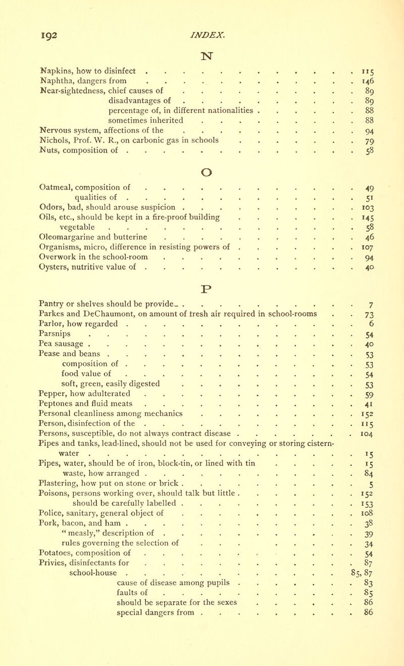 1ST Napkins, how to disinfect 115 Naphtha, dangers from 146 Near-sightedness, chief causes of 89 disadvantages of 89 percentage of, in different nationalities 88 sometimes inherited 88 Nervous system, affections of the 94 Nichols, Prof. W. R., on carbonic gas in schools 79 Nuts, composition of 58 o Oatmeal, composition of 49 qualities of 51 Odors, bad, should arouse suspicion 103 Oils, etc., should be kept in a fire-proof building 145 vegetable 58 Oleomargarine and butterine 46 Organisms, micro, difference in resisting powers of 107 Overwork in the school-room 94 Oysters, nutritive value of 40 P Pantry or shelves should be provide- 7 Parkes and DeChaumont, on amount of fresh air required in school-rooms . . 73 Parlor, how regarded 6 Parsnips 54 Pea sausage 40 Pease and beans 53 composition of 53 food value of 54 soft, green, easily digested 53 Pepper, how adulterated 59 Peptones and fluid meats 41 Personal cleanliness among mechanics ......... 152 Person, disinfection of the . 115 Persons, susceptible, do not always contract disease 104 Pipes and tanks, lead-lined, should not be used for conveying or storing cistern- water 15 Pipes, water, should be of iron, block-tin, or lined with tin 15 waste, how arranged 84 Plastering, how put on stone or brick 5 Poisons, persons working over, should talk but little 152 should be carefully labelled . . 153 Police, sanitary, general object of 108 Pork, bacon, and ham 38  measly, description of 39 rules governing the selection of ... 34 Potatoes, composition of .... 54 Privies, disinfectants for 87 school-house 85,87 cause of disease among pupils 83 faults of 85 should be separate for the sexes 86 special dangers from 86