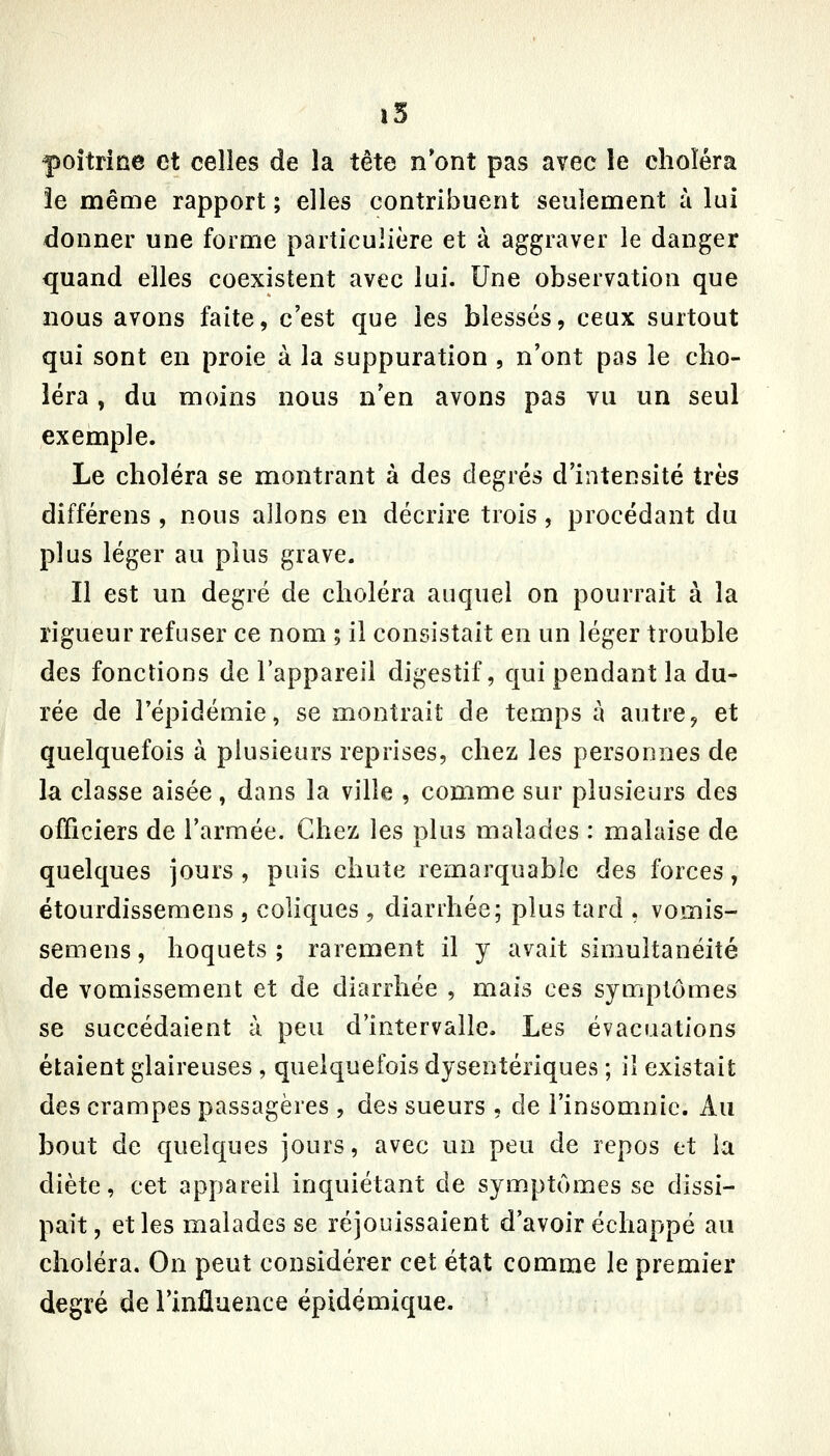 poitrine et celles de la tête n'ont pas avec le choléra îe même rapport ; elles contriljuent seulement à lui donner une forme particulière et à aggraver le danger quand elles coexistent avec lui. Une observation que nous avons faite, c'est que les blessés, ceux surtout qui sont en proie à la suppuration , n'ont pas le cho- léra , du moins nous n'en avons pas vu un seul exemple. Le choléra se montrant à des degrés d'intensité très différens , nous allons en décrire trois, procédant du plus léger au plus grave. Il est un degré de choléra auquel on pourrait à la rigueur refuser ce nom ; il consistait en un léger trouble des fonctions de l'appareil digestif, qui pendant la du- rée de l'épidémie, se montrait de temps à autre, et quelquefois à plusieurs reprises, chez les personnes de la classe aisée, dans la ville , comme sur plusieurs des officiers de l'armée. Chez les plus malades : malaise de quelques jours , puis chute remarquable des forces, étourdissemens , coliques , diarrhée; plus tard , vomis- semens, hoquets ; rarement il y avait simultanéité de vomissement et de diarrhée , mais ces symptômes se succédaient à peu d'intervalle. Les évacuations étaient glaireuses , quelquefois dysentériques ; il existait des crampes passagères , des sueurs , de l'insomnie. Au bout de quelques jours, avec un peu de repos et la diète, cet appareil inquiétant de symptômes se dissi- pait , et les malades se réjouissaient d'avoir échappé au choléra. On peut considérer cet état comme le premier degré de l'influence épidémique.