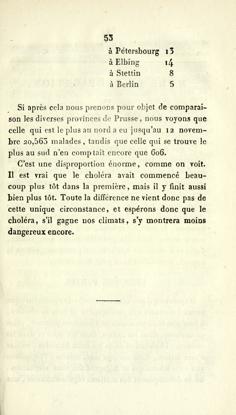 5S à Pétersbourg 15 à Elbing i4 à Stettin 8 à Berlin 5 Si après cela nous prenons pour objet de comparai- son les diverses provinces de Prusse, nous voyons que celle qui est le plus au nord a eu jusqu'au 12 novem- bre 20,565 malades, tandis que celle qui se trouve le plus au sud n'en comptait encore que 606. C'est une disproportion énorme, comme on voit. Il est vrai que le choléra avait commencé beau- coup plus tôt dans la première, mais il y fmit aussi bien plus tôt. Toute la différence ne vient donc pas de cette unique circonstance, et espérons donc que le choléra, s'il gagne nos climats, s y montrera moins dangereux encore.