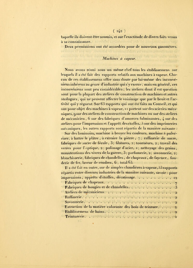 ( 4* ) laquelle ils doivent être soumis, et sur l'exactitude de divers faits venus à sa connaissance. Deux permissions ont été accordées pour de nouveaux gazomètres. Machines à vapeur. Nous avons réuni sous un même chef tous les établissernens sur lesquels il a été fait des rapports relatifs aux machines à vapeur. Cha- cun de ces établissernens offre sans doute par lui-même des inconvé- niens inhérens au genre d'industrie qui s'y exerce ; mais en général, ces inconvéniens sont peu considérables ; les ateliers dont il est question sont pour la plupart des ateliers de construction de machines et autres analogues, qui ne peuvent affecter le voisinage que par le bruit et l'ac- tivité qui y régnent. Sur 63 rapports qui ont été faits au Conseil, et qui ont pour objet des machines à vapeur, 11 portent sur des scieries méca- niques, q sur des ateliers de construction de machines ou sur des ateliers de mécanicien , 6 sur des fabriques d'amorces fulminantes, 4 sur des ateliers pour l'impression et l'apprêt des étoffes, 3 sur des imprimeries mécaniques, les autres rapports sont répartis de la manière suivante : Sur des laminoirs, machine à broyer les couleurs, machine à pulvé- riser, à battre le plâtre , à extraire la pierre, 7 ; raffinerie de sucre, fabriques de sucre de fécule, 3; filatures, 2; tourneurs, 2; travail des verres pour l'optique, 2; polissage d'acier, 1; nettoyage des grains, manutentions des vivres de la guerre, 3 ; parfumerie, 2; savonnerie, 2; blanchisserie, fabriques de chandelles , de chapeaux, de fayence, fon- derie de fer, laveur de cendres, 6 ; total 63. Il a été fiit en outre, sur de simples chaudières à vapeur, 33 rapports répartis entre diverses industries de la manière suivante, savoir : pour impressions, apprêts d'étoffes, décatissage 12 Fabriques de chapeaux 7 Fabriques de bougies et de chandelles. . 3 Ateliers de mécaniciens. 2 Raffinerie. 2 Savonnerie 2 Extraction de la matière colorante des bois de teinture. . . .2. Etablissernens de bains 2 Teinturerie ........ 1