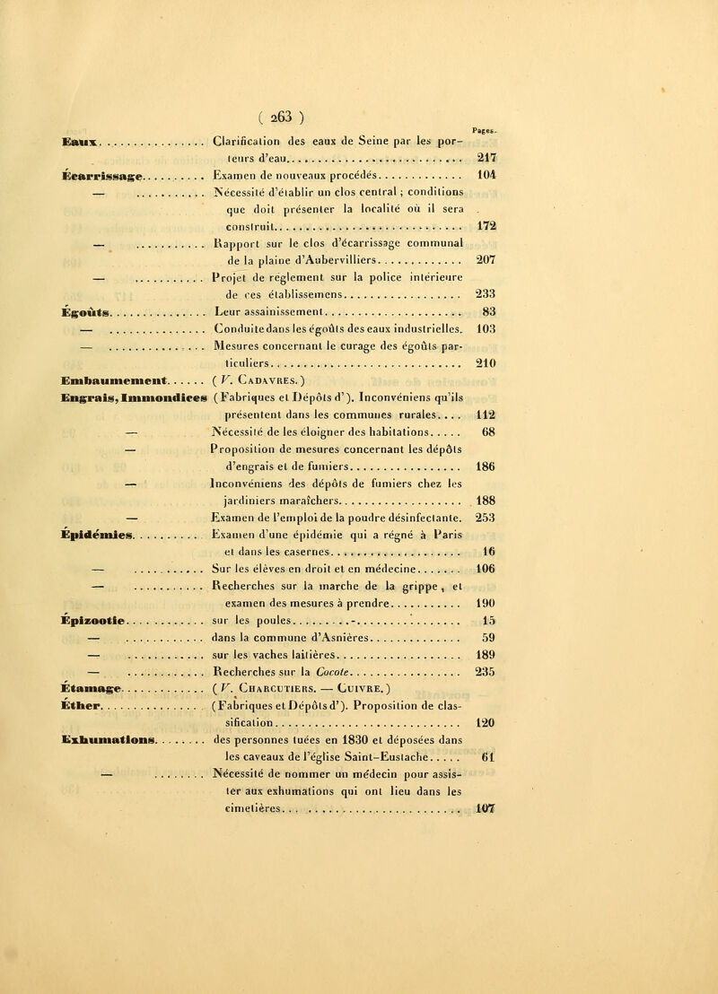 Eaux. ., Ecarrissage Egottts Embaumement Engrais, Immondices Epidémies. . . . Epizootie Etamage Éther Exhumations. ( a63 ) Pages. Clarificalion des eaux de Seine par les por- letirs d'eau 217 Examen de nouveaux procédés 104 Nécessité d'établir un clos central ; conditions que doit présenter la localité où il sera construit ». 172 Rapport sur le clos d'écarrissage communal de la plaine d'Aubervilliers 207 Projet de règlement sur la police intérieure de ces élablissemens 233 Leur assainissement 83 Conduitedans les égoûls des eaux industrielles. 103 Mesures concernant le curage des égoûts par- ticuliers 210 ( V. Cadavres.) (Fabriques et Dépôts d'). Inconvéniens qu'ils présentent dans les communes rurales. .. . 112 Nécessité de les éloigner des habitations 68 Proposition de mesures concernant les dépôts d'engrais et de fumiers 186 Inconvéniens des dépôts de fumiers chez les jardiniers maraîchers 188 Examen de l'emploi de la poudre désinfectante. 253 Examen d'une épidémie qui a régné à Paris et dans les casernes 16 Sur les élèves en droit et en médecine 106 Recherches sur la marche de la grippe , et examen des mesures à prendre 190 sur les poules - 15 dans la commune d'Asnières 59 sur les vaches laitières 189 Recherches sur la Cocole 235 ( V. Charcutiers. — Cuivre.) (Fabriques etDépôtsd'). Proposition de clas- sification 120 des personnes tuées en 1830 et déposées dans les caveaux de l'église Saint-Eustache. .... 61 Nécessité de nommer un médecin pour assis- ter aux exhumations qui ont lieu dans les cimetières , 107