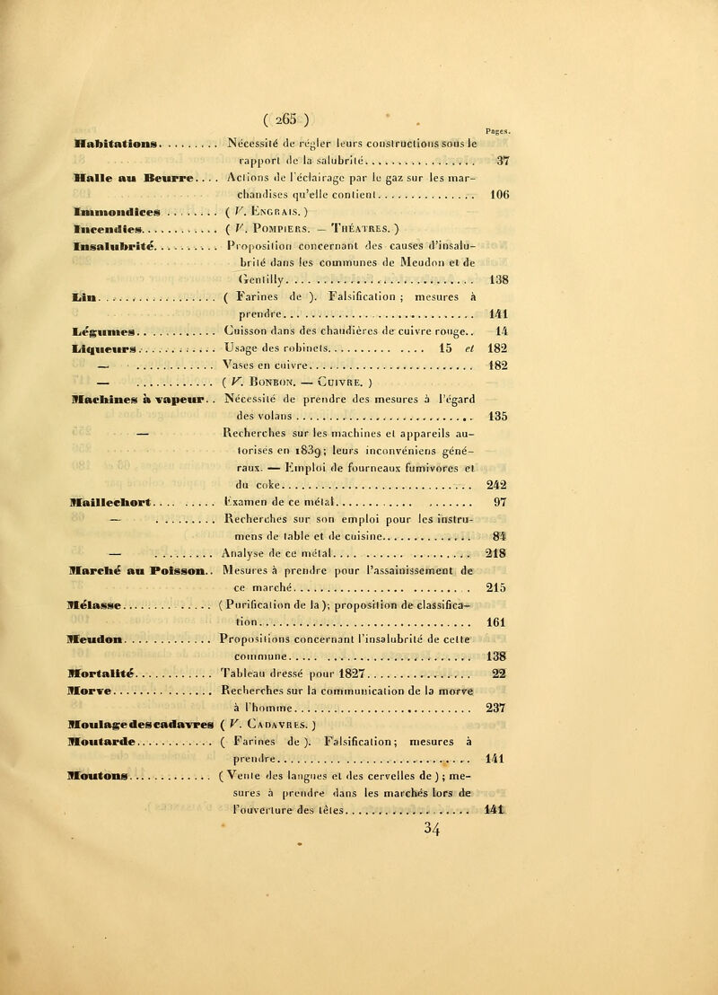 Pages. Habitations Nécessité de réyler leurs constructions sous le rapport de la salubrité 37 Halle au Beurre.. . . Actions de l'éclairage par le gaz sur les mar- chandises qu'elle contient 106 Immondices ( V. Engrais. ) Incendies ( V. Pompiers. - Théâtres. ) Insalubrité Proposition concernant des causes d'insalu- brité dans les communes de Meudo» et de (lenlilly 138 Lin...... .... ( Farines de ). Falsification; mesures à prendre 141 Légumes Cuisson dans des chaudières de cuivre rouge.. 14 Liqueurs Usage des robinets 15 et 182 — Vases en cuivre 182 — ( V. Bonbon. — Cuivre. ) Machines à vapeur. . Nécessité de prendre des mesures à l'égard des volans 135 — Recherches sur les machines et appareils au- torisés en i83g; leurs inconvéniens géné- raux. — Emploi de fourneaux fumivores et du coke 242 Maillechort lixamen de ce métal 97 — Recherches sur son emploi pour les instru- mens de table et de cuisine 84 — Analyse de ce métal. ... 218 IHarché au Poisson.. Mesures à prendre pour l'assainissement de ce marché 215 Mélasse - ( Purification de la); proposition de classifica- tion 161 Meudon Propositions concernant l'insalubrité de cette commune 138 Mortalité Tableau dressé pour 1827 22 Morve Recherches sur la communication de la morve à l'homme 237 Moulage des cadavres ( V. Cadavres. ) Moutarde ( Farines de ). Falsification ; mesures à prendre 141 Moutons (Vente des langues et des cervelles de) ; me- sures à prendre dans les marchés lors de l'ouverture des têtes 14t 34