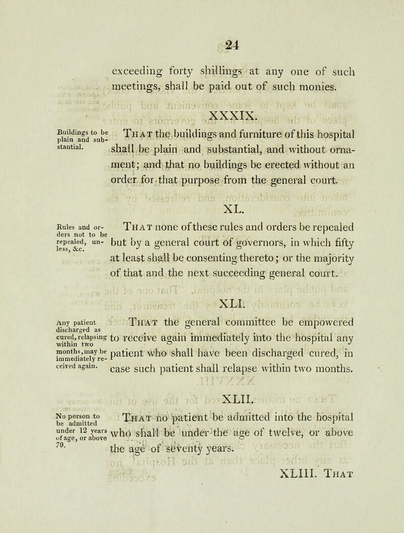 exceeding forty shillings at any one of such meetings, shall be paid out of such monies. ,XXXIX. ■ ■ ^lain'afd^sub^ That thebuildiugs and furniture of this hospital stantiai. shaifbe plain and substantial, and without orna- ment; and that no buildings be erected without an order for that purpose from the general court. XL. Rules and or- That nonc of thcse rulcs and orders be repealed ders not to be repealed, un- but by a general court of governors, in which fifty at least shall be consenting thereto; or the majority of that and the next succeeding general court. XLI. Any patient That the general coHimittee be empowered discharged as ^ . , » cured, relapsing to rcceive agaili irnmediatelv into the hospital any ■within two '-' ^ ' •' months,may be pg^tient who shall have been discharged cured, in immediately re- f^ n ' ceired again. ^^^^ g^^^j^ patient shall rclapse within two months. XLII. No person to :X^.M'^^^li<y*''^a;tie^t hc admitted into the hospital under 12 years ^^|^^ sliaW be utid^'-'the age of twclvc, or ahove of age, or above ;.. . . -•. ~ ^®- the age of'^syvetity years.