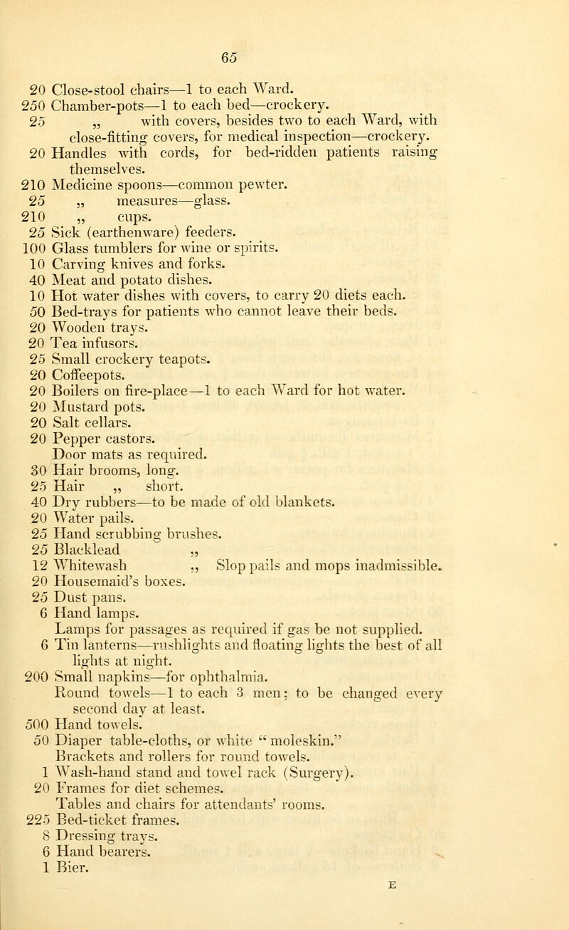 20 Close-stool chairs—1 to each Ward. 250 Chamber-pots—1 to each bed—crockery. 25 „ with covers, besides two to each Ward, with close-fitting covers, for medical inspection—crockery. 20 Handles with cords, for bed-ridden patients raising themselves. 210 Medicine spoons—common pewter. 25 „ measures—glass. 210 „ cups. 25 Sick (earthenware) feeders. 100 Glass tumblers for wine or spirits. 10 Carving knives and forks. 40 Meat and potato dishes. 10 Hot water dishes with covers, to carry 20 diets each. 50 Bed-trays for patients who cannot leave their beds. 20 Wooden trays. 20 Tea infusors. 25 Small crockery teapots. 20 Coffeepots. 20 Boilers on fire-place—1 to each Ward for hot water. 20 Mustard pots. 20 Salt cellars. 20 Pepper castors. Door mats as required. 30 Hair brooms, long. 25 Hair „ short. 40 Dry rubbers—to be made of old blankets. 20 Water pails. 25 Hand scrubbing brushes. 25 Blacklead „ 12 Whitewash ,, Slop pails and mops inadmissible. 20 Housemaid's boxes. 25 Dust pans. 6 Hand lamps. Lamps for passages as required if gas be not supplied. 6 Tin lanterns—rushlights and floating lights the best of all lights at night. 200 Small napkins—for ophthalmia. Round towels—1 to each 3 men; to be changed every second day at least. 500 Hand towels. 50 Diaper table-cloths, or white  moleskin.1' Brackets and rollers for round towels. 1 Wash-hand stand and towel rack (Surgery). 20 Frames for diet schemes. Tables and chairs for attendants' rooms. 225 Bed-ticket frames. 8 Dressing trays. 6 Hand bearers. 1 Bier.