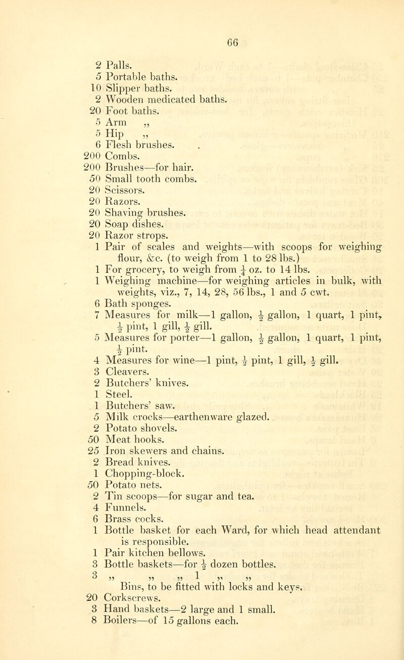 2 Palls. 5 Portable baths. 10 Slipper baths. 2 Wooden medicated baths. 20 Foot baths. 5 Arm „ 5 Hip „ 6 Flesh brushes. 200 Combs. 200 Brushes—for hair. 50 Small tooth combs. 20 Scissors. 20 Razors. 20 Shaving brushes. 20 Soap dishes. 20 Razor strops. 1 Pair of scales and weights—with scoops for weighing flour, &c. (to weigh from 1 to 28 lbs.) 1 For grocery, to weigh from i oz. to 14 lbs. 1 Weighing machine—for weighing articles in bulk, with weights, viz., 7, 14, 28, 56 lbs., 1 and 5 cwt. 6 Bath sponges. 7 Measures for milk—1 gallon, ^ gallon, 1 quart, 1 pint,. i pint, 1 gill, i gill. 5 Measures for porter—1 gallon, 1 gallon, 1 quart, 1 pint, i pint. 4 Measures for wine—1 pint, ^ pint, 1 gill, ^ gill. 3 Cleavers. 2 Butchers' knives. 1 Steel. 1 Butchers' saw. 5 Milk crocks—earthenware glazed. 2 Potato shovels. 50 Meat hooks. 25 Iron skewers and chains. 2 Bread knives. 1 Chopping-block. 50 Potato nets. 2 Tin scoops—for sugar and tea. 4 Funnels. 6 Brass cocks. 1 Bottle basket for each Wrard, for which head attendant is responsible. 1 Pair kitchen bellows. 3 Bottle baskets—for -^ dozen bottles.  SJ - _ 55 5? 1 55 55 Bins, to be fitted with locks and keys. 20 Corkscrews. 3 Hand baskets—2 large and 1 small. 8 Boilers—of 15 gallons each.