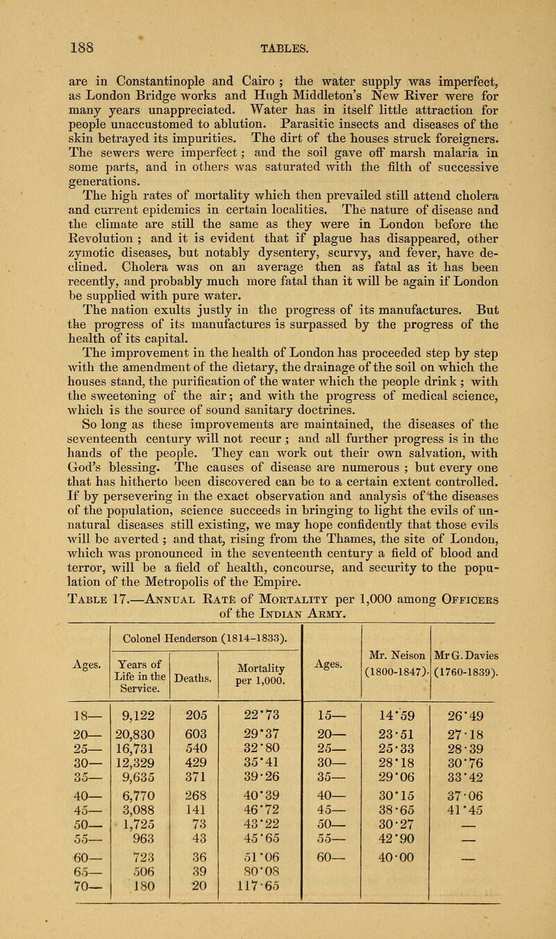 are in Constantinople and Cairo ; the water supply was imperfect, as London Bridge works and Hugh Middleton's New River were for many years unappreciated. Water has in itself little attraction for people unaccustomed to ablution. Parasitic insects and diseases of the skin betrayed its impurities. The dirt of the houses struck foreigners. The sewers were imperfect; and the soil gave off marsh malaria in some parts, and in others was saturated with the filth of successive generations. The high rates of mortality which then prevailed still attend cholera and current epidemics in certain localities. The nature of disease and the climate are still the same as they were in London before the Revolution ; and it is evident that if plague has disappeared, other zymotic diseases, but notably dysentery, scurvy, and fever, have de- clined. Cholera was on an average then as fatal as it has been recently, and probably much more fatal than it will be again if London be supplied with pure water. The nation exults justly in the progress of its manufactures. But the progress of its manufactures is surpassed by the progress of the health of its capital. The improvement in the health of London has proceeded step by step with the amendment of the dietary, the drainage of the soil on which the houses stand, the purification of the water which the people drink ; with the sweetening of the air; and with the progress of medical science, which is the source of sound sanitary doctrines. So long as these improvements are maintained, the diseases of the seventeenth century will not recur ; and all further progress is in the hands of the people. They can work out their own salvation, with God's blessing. The causes of disease are numerous ; but every one that has hitherto been discovered can be to a certain extent controlled. If by persevering in the exact observation and analysis of the diseases of the population, science succeeds in bringing to light the evils of un- natural diseases still existing, we may hope confidently that those evils will be averted ; and that, rising from the Thames, the site of London, which was pronounced in the seventeenth century a field of blood and terror, will be a field of health, concourse, and security to the popu- lation of the Metropolis of the Empire. Table 17.—Annual Rate of Mortality per 1,000 among Officers of the Indian Army. Colonel Henderson (1814-1833). Years of Life in the Service. Deaths. Mortality per 1,000. Ages. Mr. Neison (1800-1847)- MrG.Davies (1760-1839). 18- 20- 25- 30- 35- 40- 45- 50- 55- 60- 65- 70- 9,122 205 20,830 16,731 12,329 9,635 603 540 429 371 6,770 3,088 1,725 963 268 141 73 43 723 36 506 39 180 20 22*73 29*37 32*80 35*41 39-26 40*39 46*72 43*22 45*65 51*06 80*08 117-65 15- 20- 25- 30- 35- 40- 45- 50- 55- 60- 14*59 23-51 25-33 28*18 29*06 30*15 38-65 30-27 42*90 40-00 26*49 27-18 28-39 30*76 33*42 37-06 41*45