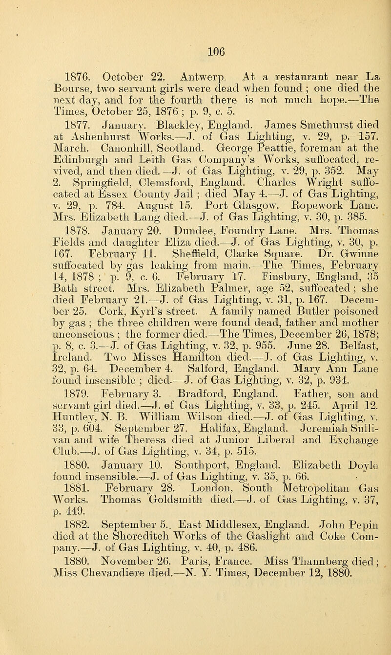 1876. October 22. Antwerp. At a restaurant near La Bourse, two servant girls were dead when found ; one died the next day, and for the fourth there is not much hope.—The Times, October 25, 1876 ; p. 9, c. 5. 1877. January. Blaekley, England. James Smethurst died at Ashenhurst Works.—J. of Gas Lighting, v. 29, p. 157. March. Canonhill, Scotland. George Peattie, foreman at the Edinburgh and Leith Gas Company's Works, suffocated, re- vived, and then died. —J. of Gas Lighting, v. 29, p. 352. May 2. Springfield, Clemsford, England. Charles Wright suffo- cated at Essex County Jail; died May 4.—J. of Gas Lighting, v. 29, p. 784 August 15. Port Glasgow. Ropework Lane. Mrs. Elizabeth Lang died.—J. of Gas Lighting, v. 30, p. 385. 1878. January 20. Dundee, Foundry Lane. Mrs. Thomas Fields and daughter Eliza died.—J. of Gas Lighting, v. 30, p. 167. February 11. Sheffield, Clarke Square. Dr. Gwinne suffocated by gas leaking from main.—The Times, February 14, 1878 ; p. 9, c. 6. February 17. Finsbury, England, 35 Bath street. Mrs. Elizabeth Palmer, age 52, suffocated; she died February 21.—J. of Gas Lighting, v. 31, p. 167. Decem- ber 25. Cork, Kyrl's street. A family named Butler poisoned by gas ; the three children were found dead, father and mother unconscious ; the former died.—The Times, December 26,1878; p. 8, c. 3.—J. of Gas Lighting, v. 32, p. 955. June 28. Belfast, Ireland. Two Misses Hamilton died.—J. of Gas Lighting, v. 32, p. 64. December 4. Salford, England. Mary Ann Lane found insensible ; died.—J. of Gas Lighting, v. 32, p. 934. 1879. February 3. Bradford, England. Father, son and servant girl died.—J. of Gas Lighting, v. 33, p. 245. April 12. Huntley, N. B. William Wilson died.—J. of Gas Lighting, y. 33, p. 604. September 27. Halifax, England. Jeremiah Sulli- van and wife Theresa died at Junior Liberal and Exchange Club.—J. of Gas Lighting, v. 34, p. 515. 1880. January 10. Southport, England. Elizabeth Doyle found insensible.—J. of Gas Lighting, v. 35, p. 66. 1881. February 28. London, South Metropolitan Gas Works. Thomas Goldsmith died.—J. of Gas Lighting, v. 37, p. 449. 1882. September 5.. East Middlesex, England. John Pepin died at the Shoreditch Works of the Gaslight and Coke Com- pany.—J. of Gas Lighting, v. 40, p. 486. 1880. November 26. Paris, France. Miss Thannberg died; Miss Chevandiere died.—N. Y. Times, December 12, 1880.