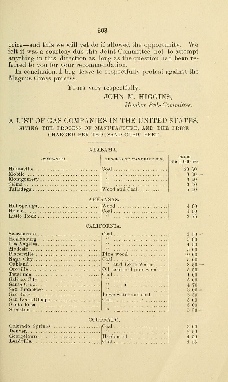 price—and this we will yet do if allowed the opportunity. We felt it was a courtesy due this Joint Committee not to attempt anything in this direction as long as the question had been re- ferred to you for your recommendation. In conclusion, I beg leave to respectfully protest against the Magnus Gross process. Yours very respectfully, JOHN M. HIGGINS, Member Sub-Committee. A LIST OF GAS COMPANIES IN THE UNITED STATES, GIVING THE PROCESS OF MANUFACTURE, AND THE PRICE CHARGED PER THOUSAND CUBIC FEET. COMPANIES . ALABAMA. PEOCESS OF MANUFACTUBE. Huntsville .. Mobile Montgomery Selrna Talladega ... Coal Wood and Coal. Hot Springs. Helena Little Rock . ARKANSAS. Wood . Coal ... CALIFORNIA. Sacramento iCoal Healdsburg Los ADgeles Modesto Placerville Napa City Oakland Oroville Petaluma Salinas City.... Santa Cruz.... San Francisco Sun fose San Louis Obispo Santa Kosa Stockton , Pine wood Coal  and Lowe Water... Oil, coal and pine wood. Coal Lowe water and coal. Coal -.... Colorado Springs, Denver Georgetown Leadville COLORADO. ...... Coal... Hanlon oil Coal PEICE PEE 1,000 FT $3 50 3 00 3 00 3 00 •5 00 4 00 4 00 3 75 3 50 5 00 4 50 5 00 10 00 5 00 3 50 5 50 4 00 5 00 4 70 3 00 3 50 5 00 5 00 3 50 3 00 2 50 4 50 4 25