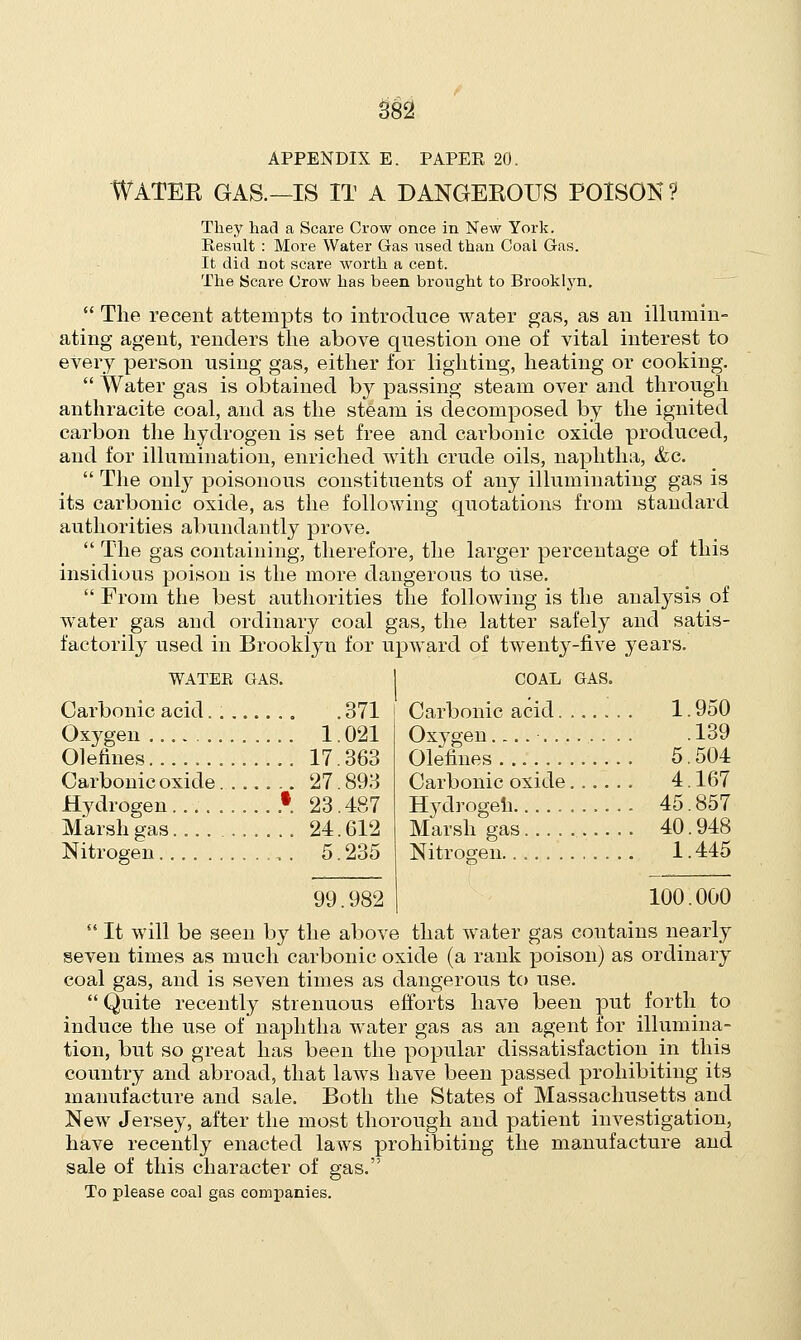 APPENDIX E. PAPEE 20. WATEK GAS.—IS IT A DANGEBOUS POISON ? They had a Scare Crow once in New York. Result : More Water Gas used than Coal Gas. It did not scare worth a ceDt. The Scare Crow has been brought to Brooklyn.  The recent attempts to introduce water gas, as an illumin- ating agent, renders the above question one of vital interest to every person using gas, either for lighting, heating or cooking.  Water gas is obtained by passing steam over and through anthracite coal, and as the steam is decomposed by the ignited carbon the hydrogen is set free and carbonic oxide produced, and for illumination, enriched with crude oils, naphtha, &c.  The only poisonous constituents of any illuminating gas is its carbonic oxide, as the following quotations from standard authorities abundantly prove.  The gas containing, therefore, the larger percentage of this insidious poison is the more dangerous to Use.  From the best authorities the following is the analysis of water gas and ordinary coal gas, the latter safely and satis- factorily used in Brooklyn for upward of twenty-five years. WATEE GAS. I COAL GAS. Carbonic acid. . 371 i Carbonic acid....... 1. 950 Oxygen 1. 021 defines 17.363 Carbonic oxide ... 27. 893 Hydrogen • 23.487 Marsh gas 24. 612 Nitrogen ,. 5. 235 99.982 Oxygen . 139 defines 5. 504 Carbonic oxide 4. 167 Hydrogen 45.857 Marsh gas 40. 948 Nitrogen 1.445 100.000  It will be seen by the above that water gas contains nearly seven times as much carbonic oxide (a rank poison) as ordinary coal gas, and is seven times as dangerous to use.  Quite recently strenuous efforts have been put forth to induce the use of naphtha water gas as an agent for illumina- tion, but so great has been the popular dissatisfaction in this country and abroad, that laws have been passed prohibiting its manufacture and sale. Both the States of Massachusetts and New Jersey, after the most thorough and patient investigation, have recently enacted laws prohibiting the manufacture and sale of this character of gas. To please coal gas companies.