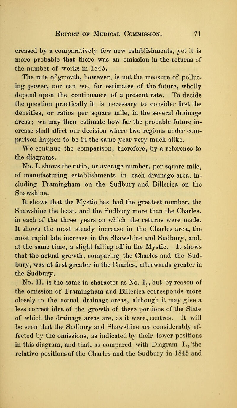 creased by a comparatively few new establishments, yet it is more probable that there was an omission in the returns of the number of works in 1845. The rate of growth, however, is not the measure of pollut- ing power, nor can we, for estimates of the future, wholly depend upon the continuance of a present rate. To decide the question practically it is necessary to consider first the densities, or ratios per square mile, in the several drainage areas; we may then estimate how far the probable future in- crease shall affect our decision where two regions under com- parison happen to be in the same year very much alike. We continue the comparison, therefore, by a reference to the diagrams. No. I. shows the ratio, or average number, per square mile, of manufacturing establishments in each drainage area, in- cluding Framingham on the Sudbury and Billerica on the Shawshine. It shows that the Mystic has had the greatest number, the Shawshine the least, and the Sudbury more than the Charles, in each of the three years on which the returns were made. It shows the most steady increase in the Charles area, the most rapid late increase in the Shawshine and Sudbury, and, at the same time, a slight falling off in the Mystic. It shows that the actual growth, comparing the Charles and the Sud- bury, was at first greater in the Charles, afterwards greater in the Sudbury. No. II. is the same in character as No. I., but by reasou of the omission of Framingham and Billerica corresponds more closely to the actual drainage areas, although it may give a less correct idea of the growth of these portions of the State of which the drainage areas are, as it were, centres. It will be seen that the Sudbury and Shawshine are considerably af- fected by the omissions, as indicated by their lower positions in this diagram, and that, as compared with Diagram I.,'the relative positions of the Charles and the Sudbury in 1845 aud