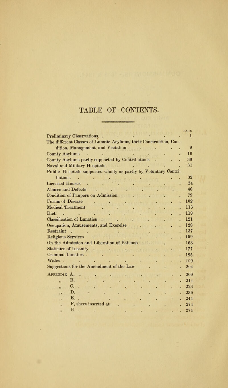 TABLE OF CONTENTS. PAGE Preliminary Observations . . , • . 1 The different Classes of Lunatic Asylums, their ConstxTiction, Con- dition, Management, and Visitation 9 County Asylums ...... 10 County Asylums partly supported by Contributions . 30 Naval and Military Hospitals .... 31 Public Hospitals supported wholly or partly by Voluntary Contri butions ....... 32 Licensed Houses . . . 34 Abuses and Defects ...... 46 Condition of Paupers on Admission 79 Fonns of Disease ...... 102 Medical Treatment . . . . . 113 Diet 118 Classification of Lunatics ..... 121 Occupation, Amusements, and Exercise 128 Restraint ....... 137 Religious Services ...... . 159 On the Admission and Liberation of Patients 163 Statistics of Insanity ...... 177 Criminal Lunatics ...... 195 Wales ........ . 199 Suggestions for the Amendment of the Law . 204 Appendix A. . . 209 „ B . 214 „ C. . . 223 „ D. - . . . . 236 „ E . 244 „ F, sheet inserted at . . 274 „ G . 274