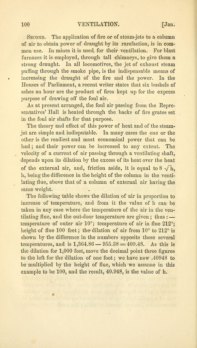 Second. The application of fire or of steam-jets to a column of air to obtain power of draught by its rarefaction, is in com- mon use. In mines it is used, for their ventilation. For blast furnaces it is employed, through tall chimneys, to give them a strong draught. In all locomotives, the jet of exhaust steam puffing through the smoke pipe, is the indispensable means of increasing the draught of the fire and the power. In the Houses of Parliament, a recent writer states that six bushels of ashes an hour are the product of fires kept up for the express purpose of drawing off the foul air. As at present arranged, the foul air passing from the Repre- sentatives' Hall is heated through the backs of fire grates set in the foul air shafts for that purpose. The theory and effect of this power of heat and of the steam- jet are simple and indisputable. In many cases the one or the other is the readiest and most economical power that can be had; and their power can be increased to any extent. The velocity of a current of air passing through a ventilating shaft, depends upon its dilation by the excess of its heat over the heat of the external air, and, friction aside, it is equal to 8 V h, h, being the difference in the height of the column in the venti- lating flue, above that of a column of external air having the same weight. The following table shows the dilation of air in proportion to increase of temperature, and from it the value of h can be taken in any case where the temperature of the air in the ven- tilating flue, and the out-door temperature are given ; thus : — temperature of outer air 10°; temperature of air in flue 212°; height of flue 100 feet; the dilation of air from 10° to 212° is shown by the difference in the numbers opposite those several temperatures, and is 1,364.86 — 955.38 = 409.48. As this is the dilation for 1,000 feet, move the decimal point three figures to the left for the dilation of one foot; we have now .40948 to be multiplied by the height of flue, which we assume in this example to be 100, and the result, 40.948, is the value of h.