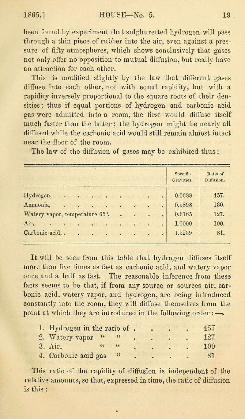 been found by experiment that sulphuretted hydrogen will pass through a thin piece of rubber into the air, even against a pres- sure of fifty atmospheres, which shows conclusively that gases not only offer no opposition to mutual diffusion, but really have an attraction for each other. This is modified slightly by the law that different gases diffuse into each other, not with equal rapidity, but with a rapidity inversely proportional to the square roots of their den- sities ; thus if equal portions of hydrogen and carbonic acid gas were admitted into a room, the first would diffuse itself much faster than the latter ; the hydrogen might be nearly all diffused while the carbonic acid would still remain almost intact near the floor of the room. The law of the diffusion of gases may be exhibited thus: Specific Gravities. Katio of Diffusion. Hydrogen, .... Ammonia, .... Watery vapor, temperature 65°, Air, Carbonic acid, .... 0.0688 0.5898 0.6165 1.0000 1.5239 457. 130. 127. 100. 81. It will be seen from this table that hydrogen diffuses itself more than five times as fa«t as carbonic acid, and watery vapor once and a half as fast. The reasonable inference from these facts seems to be that, if from any source or sources air, car- bonic acid, watery vapor, and hydrogen, are being introduced constantly into the room, they will diffuse themselves from the point at which they are introduced in the following order : —^ 1. Hydrogen in the ratio of . 2. Watery vapor   3. Air,   4. Carbonic acid gas  457 127 100 81 This ratio of the rapidity of diffusion is independent of the relative amounts, so that, expressed in time, the ratio of diffusion is this :
