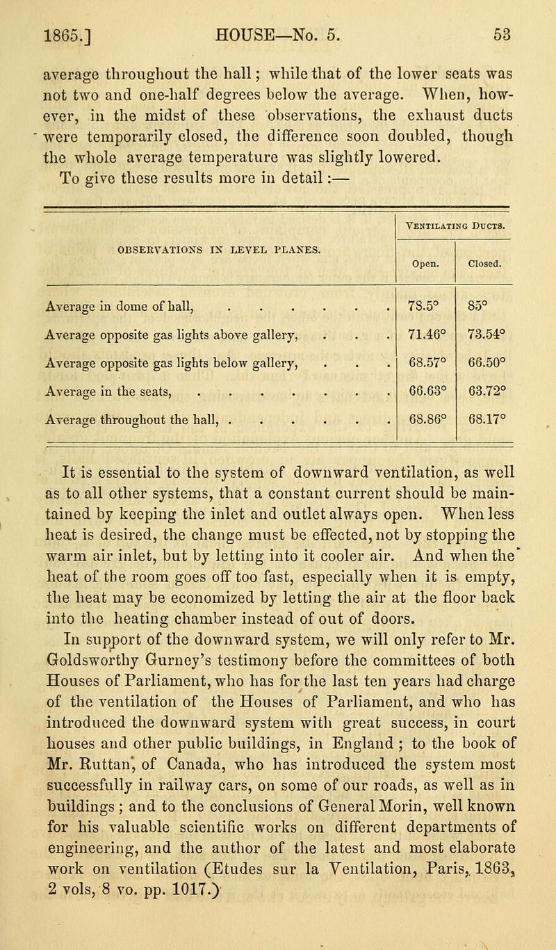 1865.] average throughout the hall; while that of the lower seats was not two and one-half degrees below the average. When, how- ever, in the midst of these observations, the exhaust ducts were temporarily closed, the difference soon doubled, though the whole average temperature was slightly lowered. To give these results more in detail:— Ventilating Ducts. OBSEKVATIOIfS IX LEVEL PLANES. Open. Closed. Average in dome of hall, Average opposite gas lights above gallery, Average opposite gas lights below gallery, Average in the seats, Average throughout the hall, 78.5° 71.46° 68.57° 66.63° 68.86° 85° 73.54° 66.50° 63.72° 68.17° It is essential to the system of downward ventilation, as well as to all other systems, that a constant current should be main- tained by keeping the inlet and outlet always open. When less heat is desired, the change must be effected, not by stopping the warm air inlet, but by letting into it cooler air. And when the' heat of the room goes off too fast, especially when it is empty, the heat may be economized by letting the air at the floor back into the heating chamber instead of out of doors. In support of the downward system, we will only refer to Mr. Goldsworthy Gurney's testimony before the committees of both Houses of Parliament, who has for the last ten years had charge of the ventilation of the Houses of Parliament, and who has introduced the downward system with great success, in court houses and other public buildings, in England ; to the book of Mr. Ruttan', of Canada, who has introduced the system most successfully in railway cars, on some of our roads, as well as in buildings ; and to the conclusions of General Morin, well known for his valuable scientific works on different departments of engineering, and the author of the latest and most elaborate work on ventilation (Etudes sur la Yentilation, Paris,, 1863, 2 vols, 8 vo. pp. 1017.)