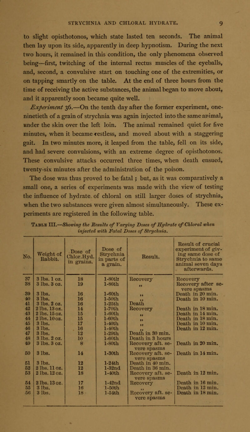 to slight Opisthotonos, which state lasted ten seconds. The animal then lay upon its side,,apparently in deep hypnotism. During the next two hours, it remained in this condition, the only phenomena observed being—first, twitching of the internal rectus muscles of the eyeballs, and, second, a convulsive start on touching one of the extremities, or on tapping smartly on the table. At the end of three hours from the time of receiving the active substances, the animal began to move about, and it apparently soon became quite well. Experiment 36.—On the tenth day after the former experiment, one- ninetieth of a grain of strychnia was again injected into the same animal, under the skin over the left loin. The animal remained quiet for five minutes, when it became -restless, and moved about with a staggering gait. In two minutes more, it leaped from the table, fell on its side, and had severe convulsions, with an extreme degree of opisthotonos. These convulsive attacks occurred three times, when death ensued, twenty-six minutes after the administration of the poison. The dose was thus proved to be fatal; but, as it was comparatively a small one, a series of experiments was made with the view of testing the influence of hydrate, of chloral on still larger doses of strychnia, when the two substances were given almost simultaneously. These ex- periments are registered in the following table. Table III.—Showing the Results of Varying Doses of Hydrate of Chloral when injected with Fatal Doses of Strychnia. Result of crucial Dose of Chlor.Hyd. Dose of experiment of giv- No. Weight of Rabbit. Strychnia in parts of Result. ing same dose of Strychnia to same m grains. a grain. animal seven days afterwards. 37 3 lbs. 1 oz. 18 l-80bh Recovery Recovery 38 3 lbs. 3 oz. 19 l-86th f J Recovery after se- vere spasms 39 3 lbs. 16 l-60th >f Death in 20 min. 40 3 lbs. 16 l-50th »» Death in 10 min. 41 3 lbs. 2 oz. 16 l-25th Death 42 2 lbs. 13 oz. 14 l-70th Recovery Death in 18 min. 43 2 lbs. 15 oz. 15 l-60th 1 > Death in 14 min. 44 2 lbs. 10 oz. 15 l-60th 1) Death in 18 min. 45 3 lbs. 17 l-40th j> Death in 10 min. 46 3 lbs. 16 l-40th )) Death in 12 min. 47 3 lbs. 12 l-29th Death in 30 min. 48 3 lbs. 2 oz. 10 l-60th Death in 3 hours 49 3 lbs. 3 oz. 8 l-80th Recovery aft. se- vere spasms Death in 20 min. ■ 50 3 lbs. 14 l-30th Recovery aft. se- vere spasms Death in 14 min. 51 3 lbs. 12 l-24th Death in 40 min. 62 2 lbs. 11 oz. 12 l-32nd Death in 36 min. 53 2 lbs. 12 oz. 18 l-40th Recovery aft. se- vere spasms Death in 12 min. 54 2 lbs. 13 oz. 17 l-42nd Recovery Death in 16 min. 55 3 lbs. 16 l-50th J > Death in 12 min. 56 3 lbs. 18 l-54th Recovery aft. se- Death in 18 min. vere spasms