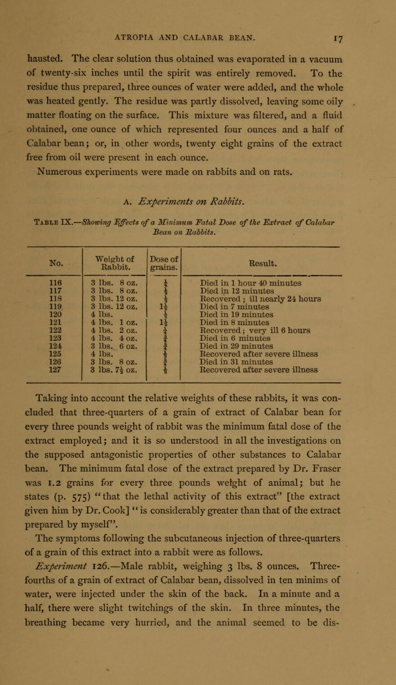 hausted. The clear solution thus obtained was evaporated in a vacuum of twenty-six inches until the spirit was entirely removed. To the residue thus prepared, three ounces of water were added, and the whole was heated gently. The residue was partly dissolved, leaving some oily matter floating on the surface. This mixture was filtered, and a fluid obtained, one ounce of which represented four ounces and a half of Calabar bean; or, in other words, twenty eight grains of the extract free from oil were present in each ounce. Numerous experiments were made on rabbits and on rats. A. Experiments on Rabbits. Table IX.—Showing Effects of a Minimum Fatal Dose of the Extract of Calahar Bean on Hahhits. No. Weight of Rabbit. Dose of grains. ■Result. 116 3 lbs. 8 oz. 1 Died in 1 hour 40 minutes 117 3 lbs. 8 oz. \ Died in 12 minutes 118 3 lbs. 12 oz. \ Recovered ; ill nearly 24 hours 119 3 lbs. 12 oz. U Died in 7 minutes 120 4 lbs. \ Died in 19 minutes 121 4 lbs. 1 oz. ih Died in 8 minutes 122 4 lbs. 2 oz. 4 Recovered; very ill 6 hours 123 4 lbs. 4 oz. 1 Died in 6 minutes 124 3 lbs. 6 oz. f Died in 29 minutes 125 4 lbs. \ Recovered after severe illness 126 3 lbs. 8 oz. 3. 4 Died in 31 minutes 127 3 lbs. 7^ oz. ^ Recovered after severe illness Taking into account the relative weights of these rabbits, it was con- cluded that three-quarters of a grain of extract of Calabar bean for every three pounds weight of rabbit was the minimum fatal dose of the extract employed; and it is so understood in all the investigations on the supposed antagonistic properties of other substances to Calabar bean. The minimum fatal dose of the extract prepared by Dr. Fraser was 1.2 grains for every three pounds weight of animal; but he states (p. 575) that the lethal activity of this extract [the extract given him by Dr. Cook] ** is considerably greater than that of the extract prepared by myself. The symptoms following the subcutaneous injection of three-quarters of a grain of this extract into a rabbit were as follows. Experiment 126.—Male rabbit, weighing 3 lbs. 8 ounces. Three- fourths of a grain of extract of Calabar bean, dissolved in ten minims of water, were injected under the skin of the back. In a minute and a half, there were slight twitchings of the skin. In three minutes, the breathing became very hurried, and the animal seemed to be dis-