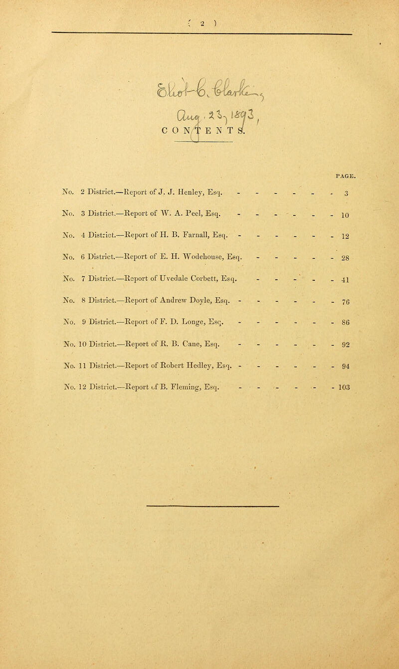 hVijA^x)^ mecJcL^. C O N t E N T S. PAGE. No. 2 District.—Report of J. J. Henley, Esq. ---__- 3 No. 3 District.—Eeport of ^¥. A. Peel, Esq. - - - _ . _ iq No. 4 District.—Report of H. B. Farnall, Esq. ------ 12 No. 6 District.-—Report of E. H. Wodeliousej Esq. - - - - - 28 No. 7 District.—Report of Uvedale Corbett, Esq. - - - _ -41 No. 8 District.—Report of Andrew Doyle, Esq. ------ 7(5 No. 9 District.—Report of F. D. Longe, Esq. ------ gg No. 10 District.—Report of R. B. Cane, Esq. - - - - - - 92 No. 11 District.—Report of Robert Hedley, Esq. - - - - - - 94 No. 12 District.—Report of B. Fleming, Esq. - • - - - .- - 103