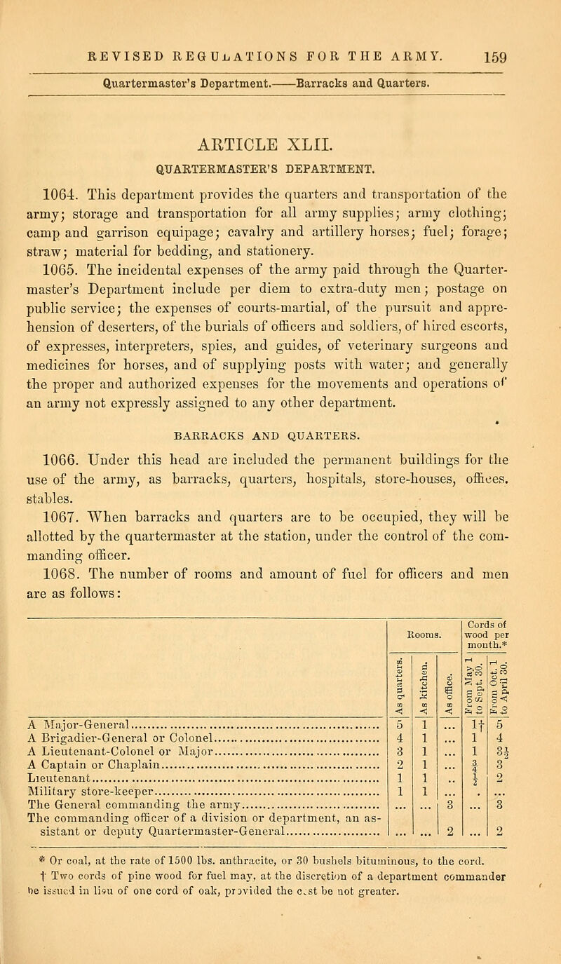 Quartermaster's Department. Barracks and Quarters. ARTICLE XLII. QUARTERMASTER'S DEPARTMENT. 1064. This department provides the quarters and transportation of the army; storage and transportation for all army supplies; army clothing; camp and garrison equipage; cavalry and artillery horses; fuel; forage; straw; material for bedding, and stationery. 1065. The incidental expenses of the army paid through the Quarter- master's Department include per diem to extra-duty men; postage on public service; the expenses of courts-martial, of the pursuit and appre- hension of deserters, of the burials of officers and soldiers, of hired escorts, of expresses, interpreters, spies, and guides, of veterinary surgeons and medicines for horses, and of supplying posts with water; and generally the proper and authorized expenses for the movements and operations 0^' an army not expressly assigned to any other department. BARRACKS AND QUARTERS. 1066. Under this head are included the permanent buildings for the use of the army, as barracks, quarters, hospitals, store-houses, offices, stables. 1067. When barracks and quarters are to be occupied, they will be allotted by the quartermaster at the station, under the control of the com- manding officer. 1068. The number of rooms and amount of fuel for officers and men are as follows: A Major-General A Brigadier-General or Colonel A Lieutenant-Colonel or Major A Captain or Chaplain Lieutenant Military store-keeper The General commanding the army The commanding officer of a division or department, an as- sistant or deputy Quartermaster-General Cords of wood per month.* 3< 5 4 H 3 * Or coal, at the rate of 1500 lbs. anthracite, or 30 bushels bituminous, to the cord. t Two cords of pine wood for fuel may, at the discretion of a department commander be issued in lisu of one cord of oak, prsvided the c>st bo aot greater.