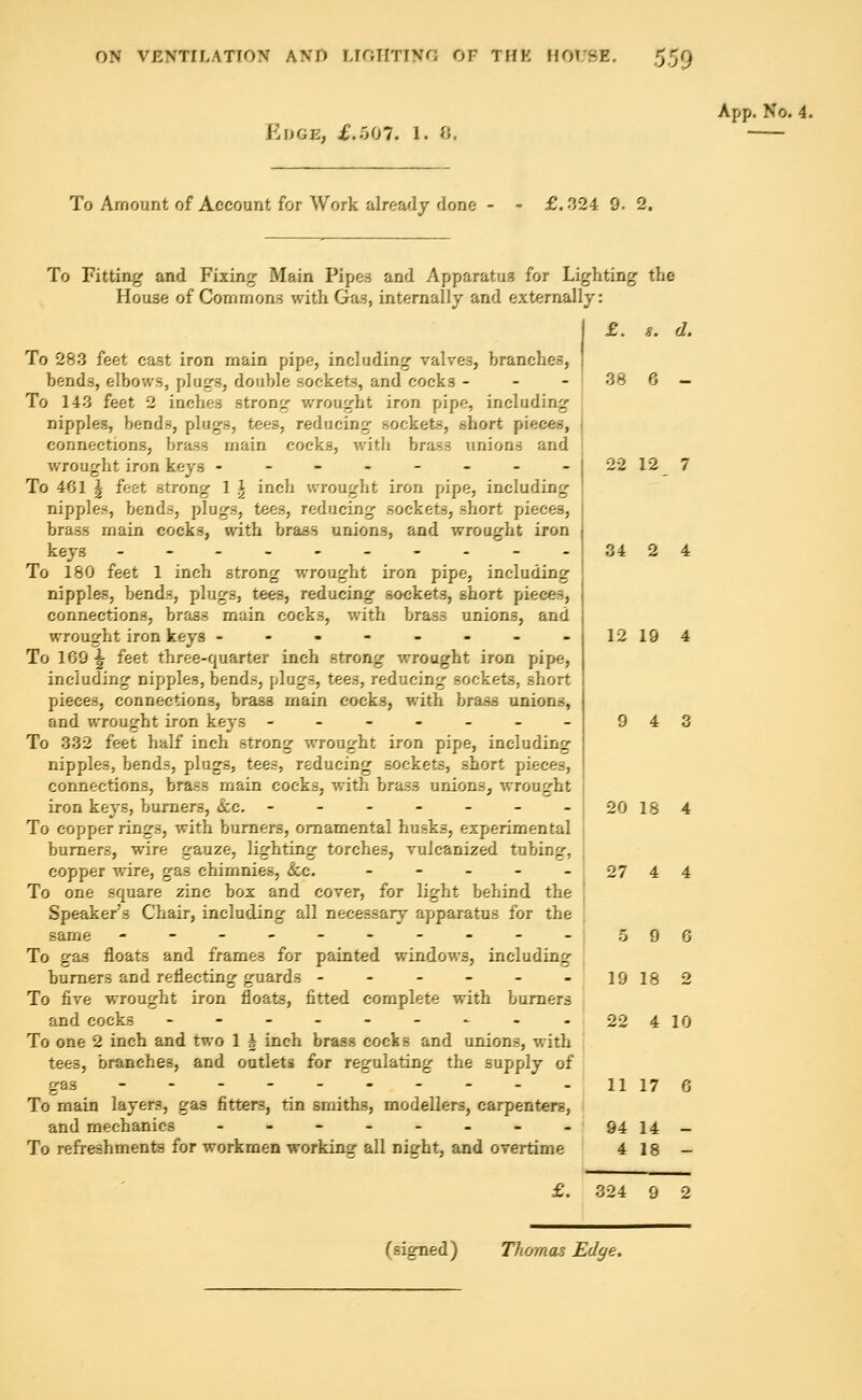 Edge, £.507. 1. 8, App. No. 4. To Amount of Account for Work already done £..'524 9. 2. To Fitting and Fixing- Main Pipes and Apparatus for Lighting the House of Commons with Gas, internally and externally: To 283 feet cast iron main pipe, including valves, branches, bends, elbows, plugs, double sockets, and cocks - To 143 feet 2 inches strong wrought iron pipe, including nipples, bends, plugs, tees, reducing sockets, short piece-, connections, brass main cocks, with brass unions and wrought iron keys -------- To 401 \ feet strong 1 \ inch wrought iron pipe, including nipples, bends, plugs, tees, reducing sockets, short pieces, brass main cocks, with brass unions, and wrought iron keys ---------- To 180 feet 1 inch strong wrought iron pipe, including nipples, bends, plugs, tees, reducing sockets, short pieces, connections, brass main cocks, with brass unions, and wrought iron keys -------- To 109^ feet three-quarter inch strong wrought iron pipe, including nipples, bends, plugs, tee3, reducing sockets, short pieces, connections, bras3 main cocks, with brass unions, and wrought iron keys ------- To 332 feet half inch strong wrought iron pipe, including nipples, bends, plugs, tees, reducing sockets, short piece-. connections, brass main cocks, with brass unions, wrought iron keys, burners, &c. ------- To copper rings, with burners, ornamental husks, experimental burners, wire gauze, lighting torches, vulcanized tubing, copper wire, gas chirnnies, &c. - To one square zinc box and cover, for light behind the Speaker's Chair, including all necessary apparatus for the same ---------- To gas floats and frames for painted windows, including burners and reflecting guards ------ To five wrought iron floats, fitted complete with burners and cocks ---__--..« To one 2 inch and two 1 h inch brass cock s and unions, with tees, branches, and outlets for regulating the supply of ga3 _---_„-__. To main layers, gas fitters, tin smiths, modellers, carpenters, and mechanics -----_._ To refreshments for workmen working all night, and overtime £. 94 4 14 is J. 38 6 - 22 12 7 !4 2 4 12 19 4 9 4 20 18 4 27 4 4 19 18 2 22 4 10 11 17 6 £. 324 9 2