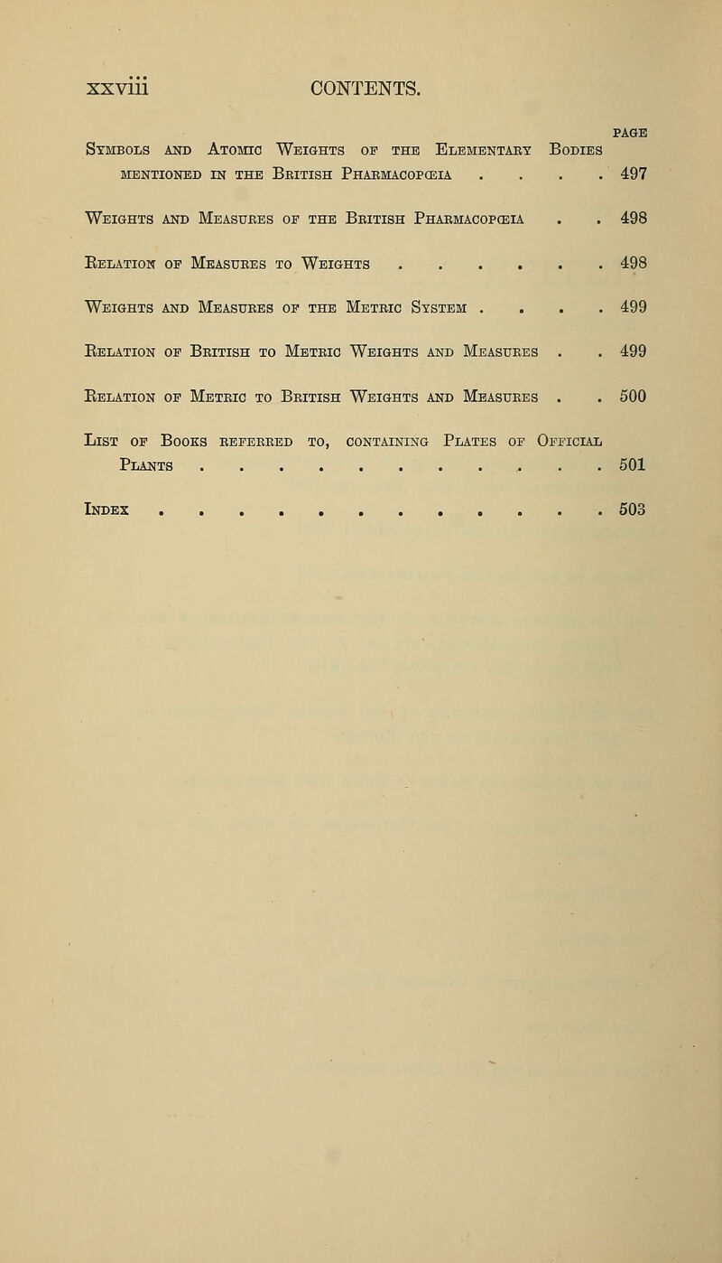 XXVIU CONTENTS. PAGE Symbols and Atomio Weights of the Elementary Bodies MENTIONED IN THE BeITISH PhAKMACOPCEIA .... 497 Weights and Measures of the British Pharmacopceia . . 498 Eelation op Measures to Weights 498 Weights and Measures of the Metric System .... 499 Eelation op British to Metric Weights and Measures . . 499 Eelation of Metric to British Weights and Measures . . 500 List of Books referred to, containing Plates of Official Plants 501 Index 503