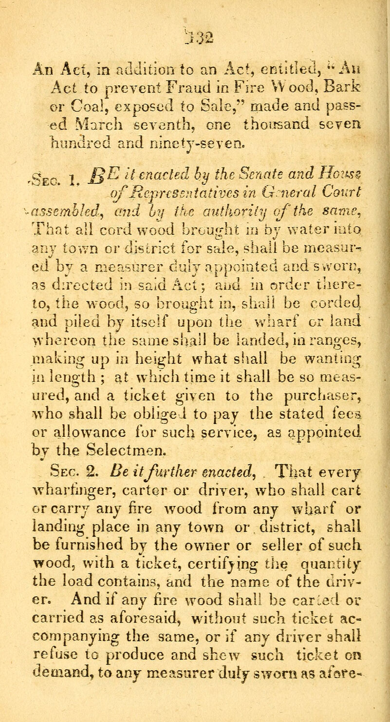H 3 2 An Act, in addition to an Act, entitled, u An Act to prevent Fraud in Fire W ood, Bark or Coal, exposed to Sale, made and pass- ed March seventh, one thousand seven hundred and ninety-seven. 'Sec I JB^ ^ enacted hy the Senate and Howfy of Representatives in General Court assembled, and by ike authority of the same, That all cord wood brought in by water into. any town or district for sale, shall be measure ed by a measurer duly appointed and sworn, as directed in said Act; aiid in order there- to, the wood, so brought in, shall be corded, and piled by itself upon the wharf or land whereon the same shall be landed, in ranges, making up in height what shall be wanting in length ; at which time it shall be so meas- ured, and a ticket given to the purchaser, who shall be obliged to pay the stated fees or allowance for such service, as appointed by the Selectmen. Sec 2. Be it further enacted, . That every wharfinger, carter or driver, who shall cart or carry any fire wood from any wharf or landing place in any town or.district, shall be furnished by the owner or seller of such wood, with a ticket, certifying the quantity the load contains, and the name of the driv- er. And if any fire wood shall be car-ted or carried as aforesaid, without such ticket ac- companying the same, or if any driver shall refuse to produce and shew such ticket on demand, to any measurer duly sworn as afore-