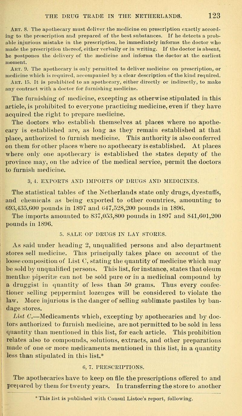 Art. 8. The apothecary must deliver the medicine on prescription exactly accord- ing to the prescription and prepared of the best substances. If he detects a prob- able injurious mistake in the prescription, he immediately informs the doctor who made the prescription thereof, either verbally or in writing. If the doctor is absent, he postpones the delivery of the medicine and informs the doctor at the earliest moment. Art. 9. The apothecary is only permitted to deliver medicine on prescription, or medicine which is required, accompanied by a clear description of the kind required. Art. 15. It is prohibited to an apothecary, either directly or indirectly, to make any contract with a doctor for furnishing medicine. The furnishing of medicine, excepting as otherwise stipulated in this article, is prohibited to everyone practicing medicine, even if they have acquired the right to prepare medicine. The doctors who establish themselves at places where no apothe- cary is established are, as long as they remain established at that place, authorized to furnish medicine. This authority is also conferred on them for other places where no apothecary is established. At places where only one apothecary is established the states deputy of the province may, on the advice of the medical service, permit the doctors to furnish medicine. 3, 4. EXPORTS AND IMPORTS OF DRUGS AND MEDICINES. The statistical tables of the ISTetherlands state only drugs, dyestuffs, and chemicals as being exported to other countries, amounting to 693,435,600 pounds in 1897 and 047,528,200 pounds in 1896. The imports amounted to 837,053,800 pounds in 1897 and 841,601,200 pounds in 1896. 5. SALE OF DRUGS IN LAY STORES. As said under heading 2, unqualified persons and also department stores sell medicine. This principally takes place on account of the loose composition of List C, stating the quantity of medicine which may be sold by unqualified persons. This list, for instance, states that oleum menthse piperitte can not be sold j)ure or in a medicinal compound by a druggist in quantity of less than 50 grams. Thus every confec- tioner selling pejjpermiut lozenges will be considered to violate the law. More injurious is the danger of selling sublimate pastiles by ban- dage stores. List G.—Medicaments which, excepting by apothecaries and by doc- tors authorized to furnish medicine, are not permitted to be sold in less quantity than mentioned in this list, for each article. This prohibition relates also to compounds, solutions, extracts, and other preparations made of one or more medicaments mentioned in this list, in a quantity less than stipulated in this list.* 6, 7. PRESCRIPTIONS. The apothecaries have to keep on file the prescriptions offered to and prepared by them for twenty years. In transferring the store to another * This list is i^ublished with Consul Listoe's report, following.