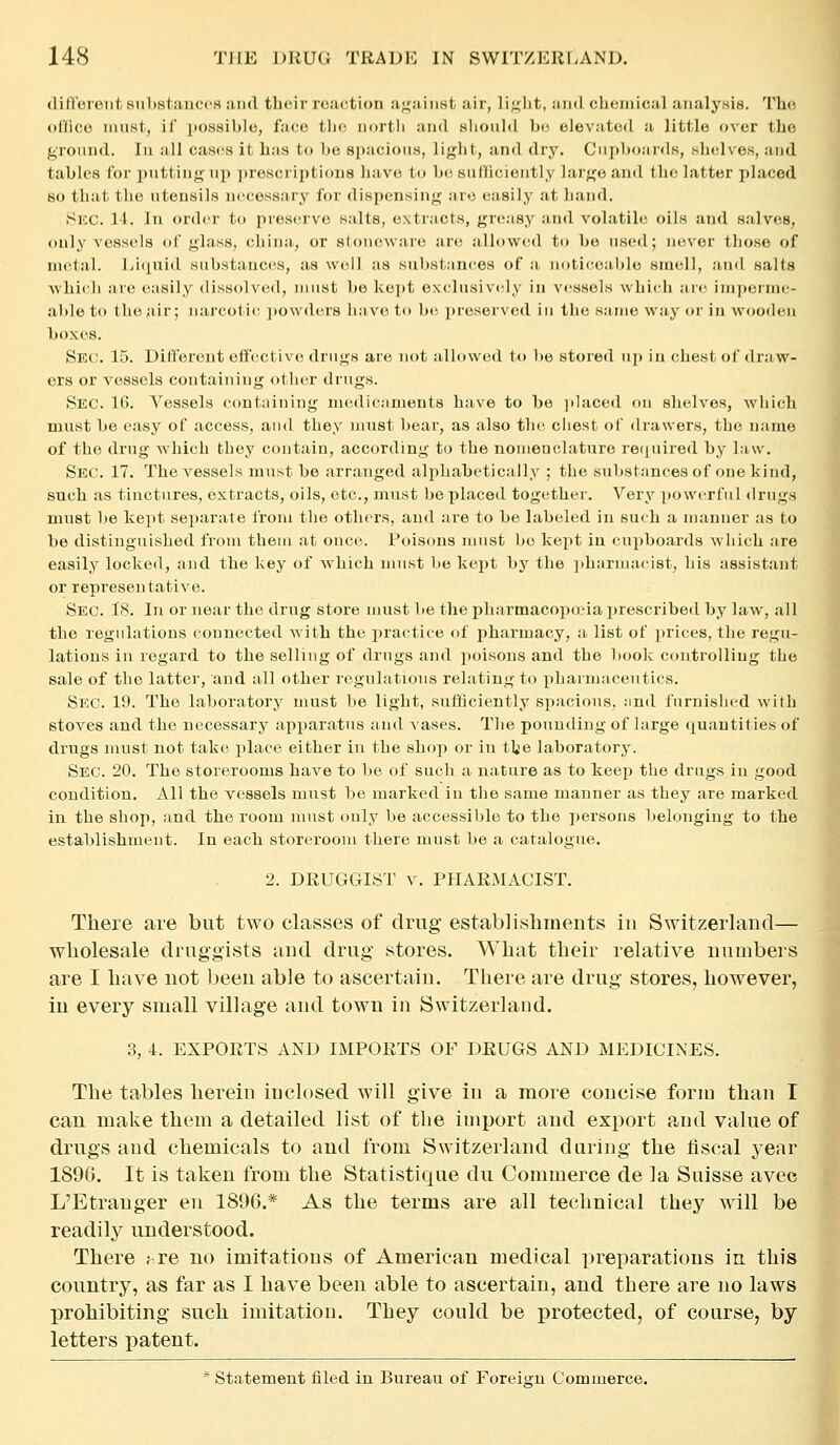 diflereiit substaiiccH and their reaction aj^ainst air, lifjht, and chcniical analysis. Tho office must, if possible, face the ntjrtli and sliouM he elevated a little over the ground. In all cases it has to he spacious, light, and dry. Cupboards, «helves, and tables for putting up prescriptions have to be sufficiently large and the latter placed so that tho utensils necessary for dispensing are easily at hand. Sec. 14. In order to preserve salts, extracts, greasy and volatile oils and salves, only vessels of glass, china, or stoneware are allowed to be used; never those of nu'tal. Licjuid substances, as well as substances of a noticioable smell, ami salts which are easily dissolved, must be ke])t exclusivcdy in vessels which ai-e im])errue- al)le to the air; narcotic ])0\vders have to be preserved in tin; same way or in wooden boxes. Sec. 15. Different ettVctive drugs are not allowed to l)e storetl up in cliest of draw- ers or vessels containing other drugs. Sec. 16. Vessels containing niedicanients have to be i)iaced on shelves, which must be easy of access, and they must bear, as also the chest of drawers, the name of the drug which they contain, according to the nomenclature required by law. Sec. 17. The vessels must be arranged alphabetically ; the substances of one kind, such as tinctures, extracts, oils, etc., must be placed togethei-. Very powerful drugs must be kept separate from the others, and are to be labeled in such a manner as to be distinguished from them at once. Poisons nuist be kept iu cupboards which are easily locked, and the key of which nuist be kept by the jiharmacist, his assistant or representative. Sec. 18. In or near the drug store umst be the pharmacopo'ia prescribed by law, all the regulations connected with the practice of pharmacy, a list of prices, the regu- lations in regard to the selling of drugs and poisons and the book controlling the sale of the latter, and all other regulations relating to pharmaceutics. Sec. 19. The laboratory must be light, sufficiently spacious, :ind furnished with stoves and the necessary apparatus and vases. The pounding of large (xuautities of drugs must not take place either in the shop or in tlie laboratory. Sec. 20. The storerooms have to be of such a nature as to keep the drugs in good condition. All the vessels must be marked in the same manner as they are marked in the shop, and the room must only be accessible to the persons belonging to the establishment. In each storeroom there must be a catalogue. 2. DRUGGIST v. PHARMACIST. There are but two classes of drug establishrneuts iu Switzerland— wholesale druggists aud drug stores. What their relative numbers are I have not been able to ascertain. There are drug stores, however, in every small village and town iu Switzerlaud. 3, 4. EXPORTS AND IMPORTS OF DRUGS AND MEDICINES. The tables hereiu inclosed will give iu a more concise form than I can make them a detailed list of tlie import aud export aud value of drugs aud chemicals to and from Switzerland dariug the fiscal year 1896. It is taken from the Statistique du Commerce de la Suisse avec L'Etranger en 1896.* As the terms are all technical they will be readily understood. There ? re no imitations of American medical x)reparations in this country, as far as I have been able to ascertain, and there are no laws prohibiting such imitatiou. Tbey could be protected, of course, by letters patent. * statement filed in Bureau of Foreiorn Commerce. I